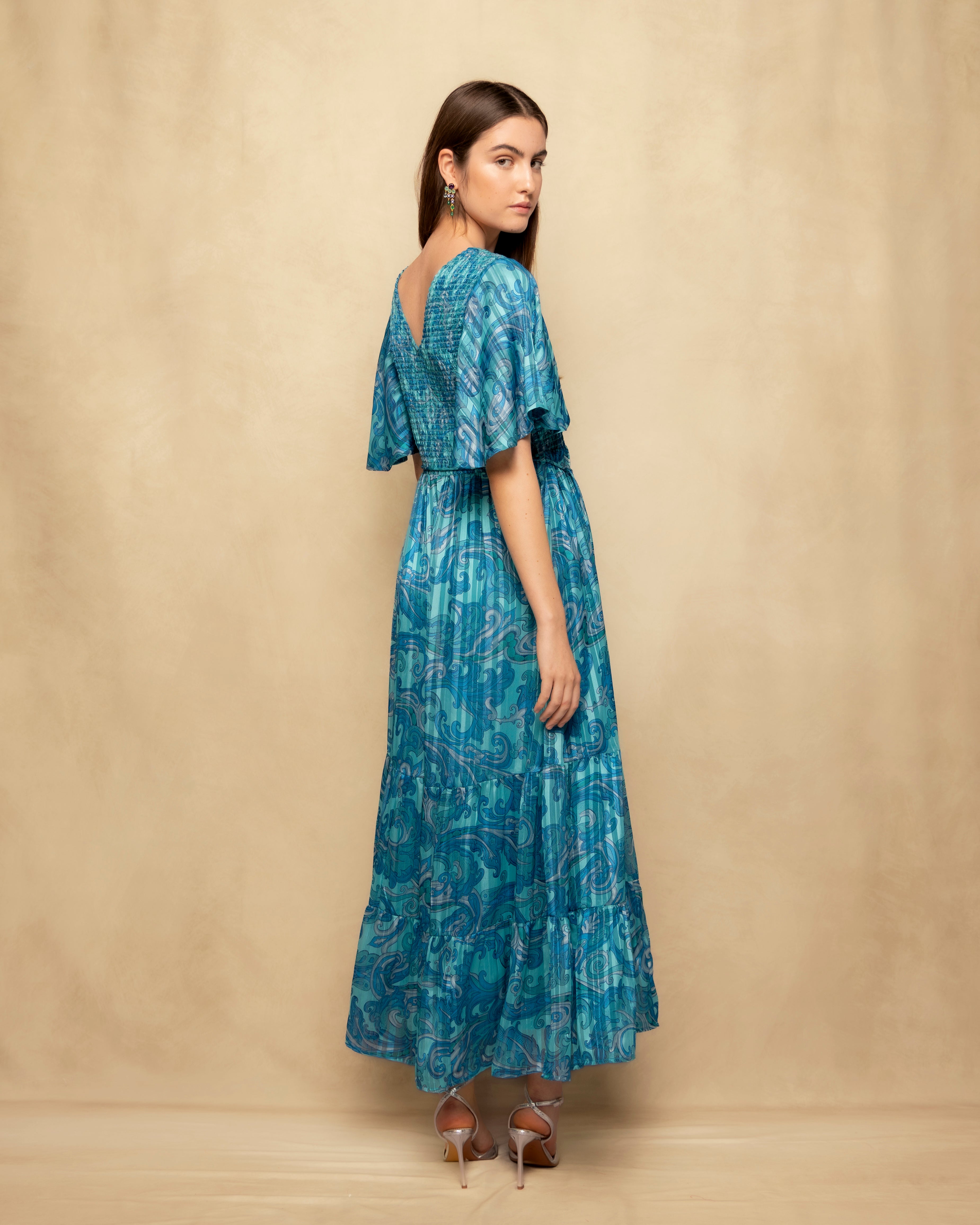 Vestido Comprido com Franzido no Peito e Manga Fluida Azul-claro-4