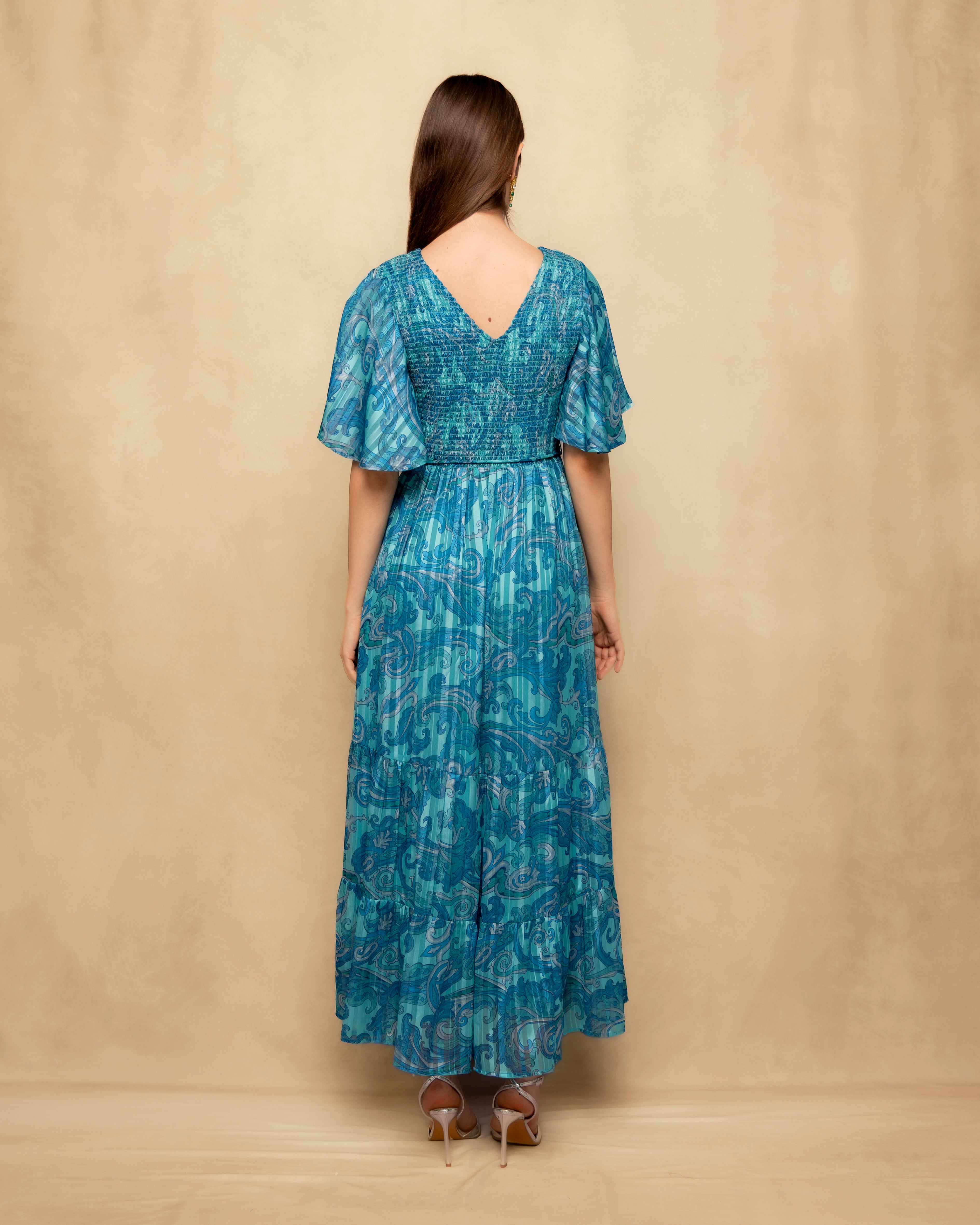 Vestido Comprido com Franzido no Peito e Manga Fluida Azul-claro-6