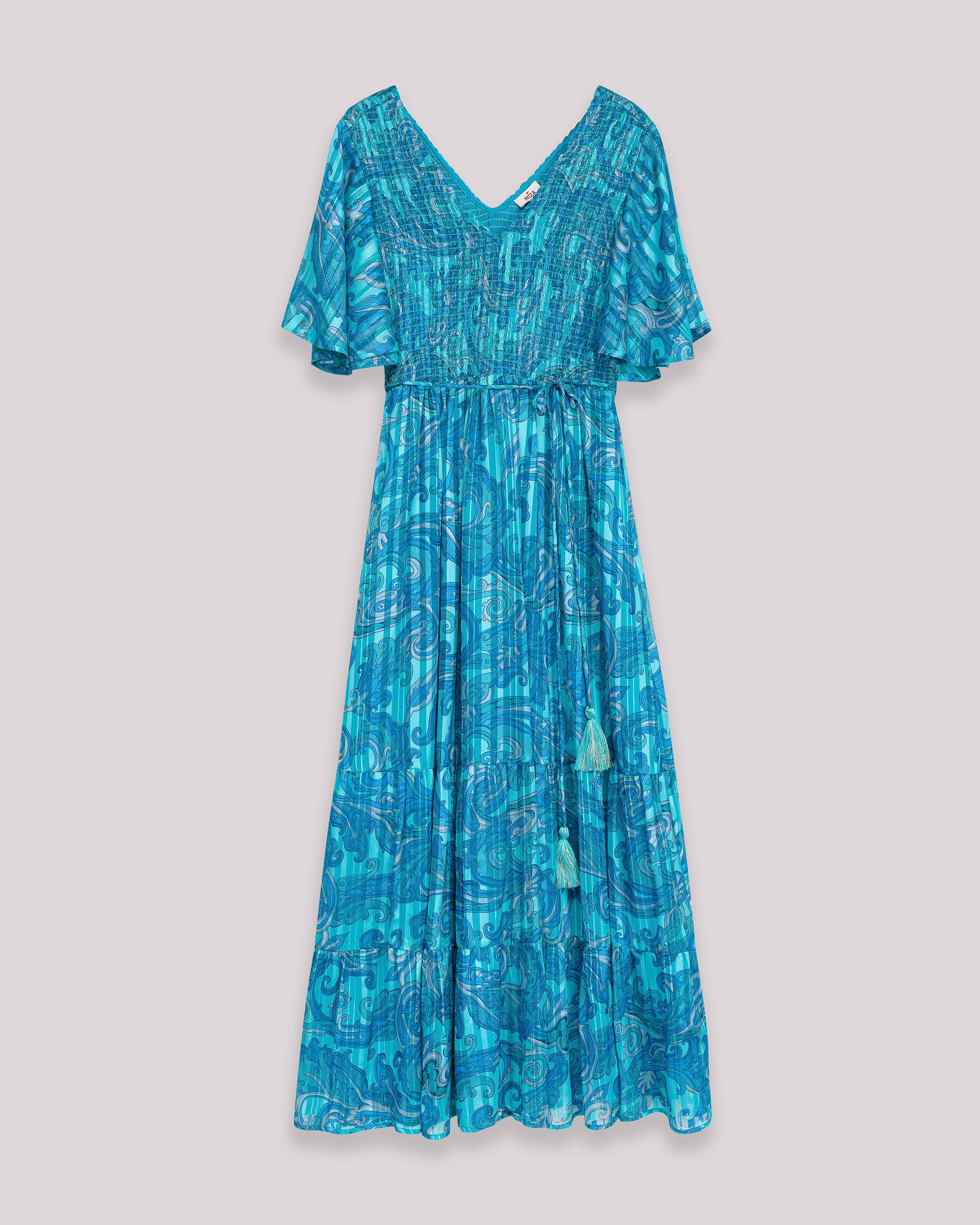 Vestido Comprido com Franzido no Peito e Manga Fluida Azul-claro-7