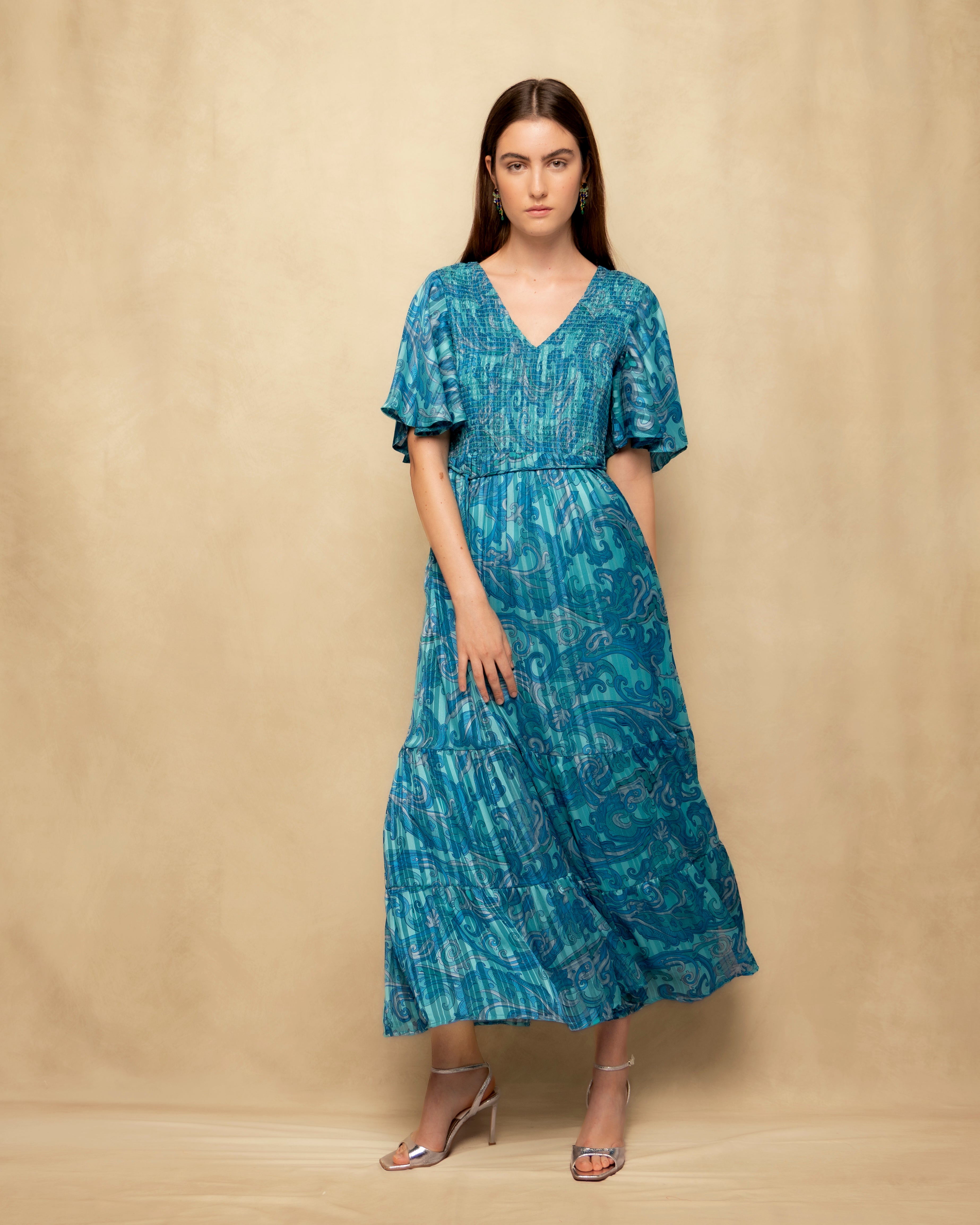 Vestido Comprido com Franzido no Peito e Manga Fluida Azul-claro-1