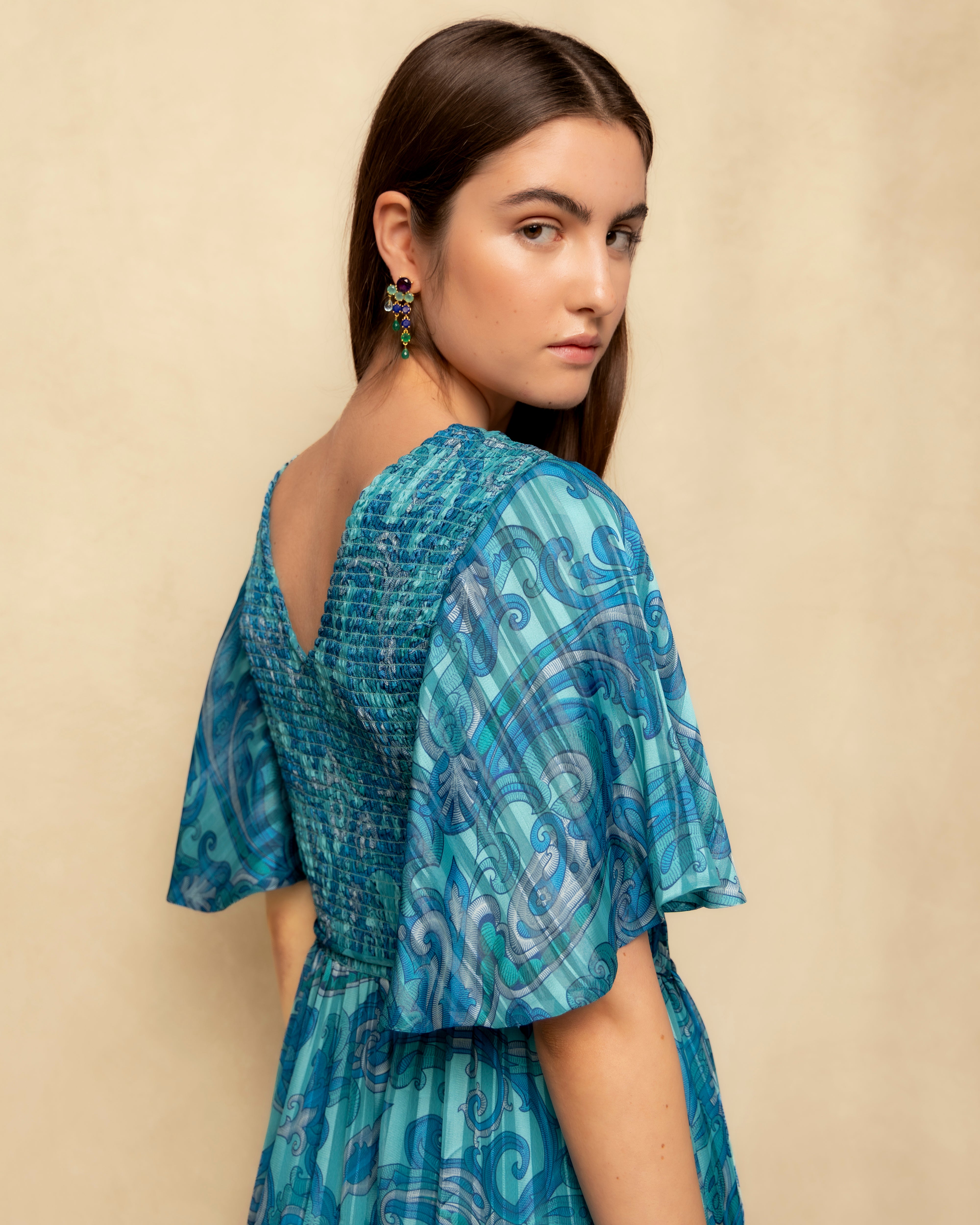Vestido Comprido com Franzido no Peito e Manga Fluida Azul-claro-5