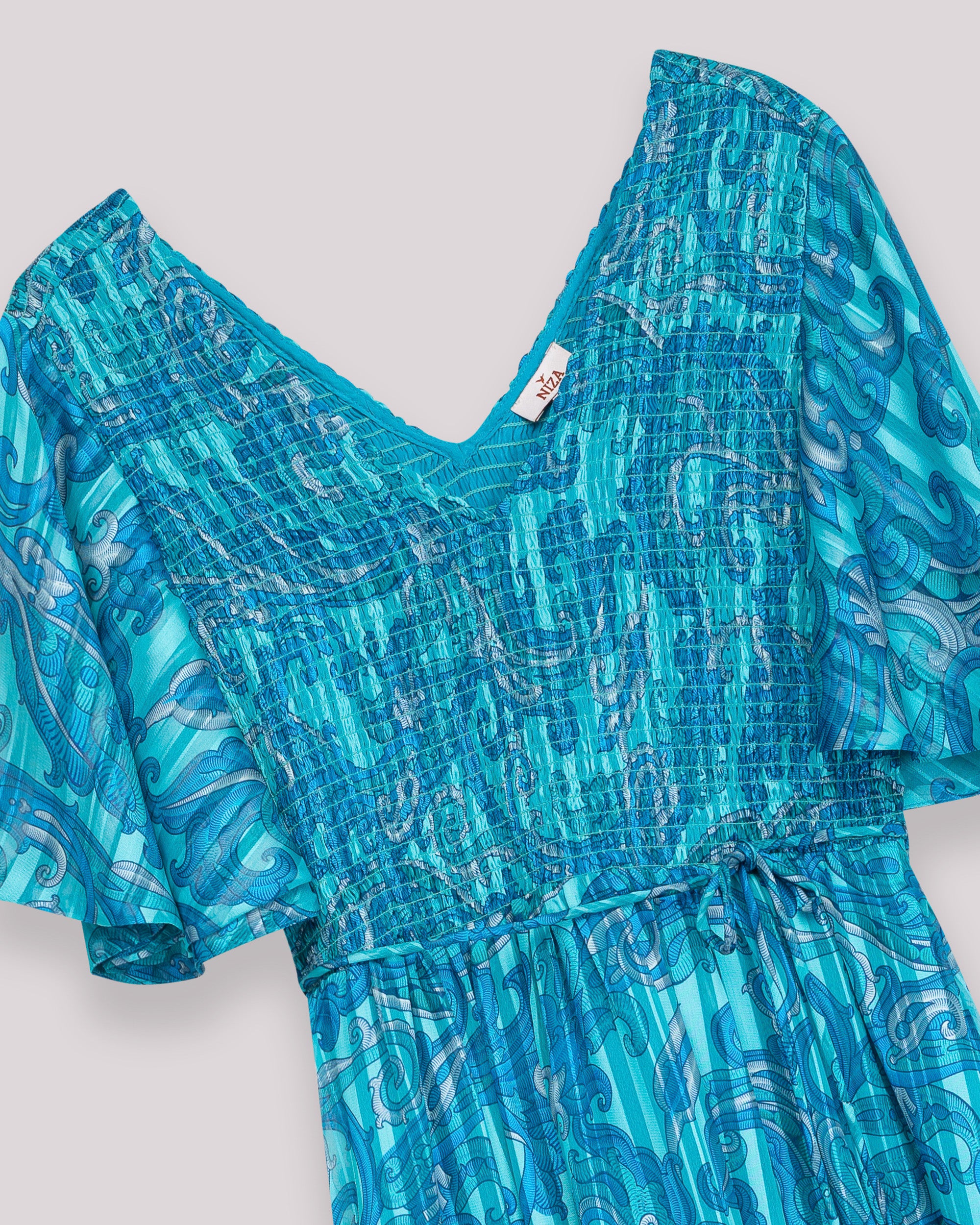 Vestido Comprido com Franzido no Peito e Manga Fluida Azul-claro-8