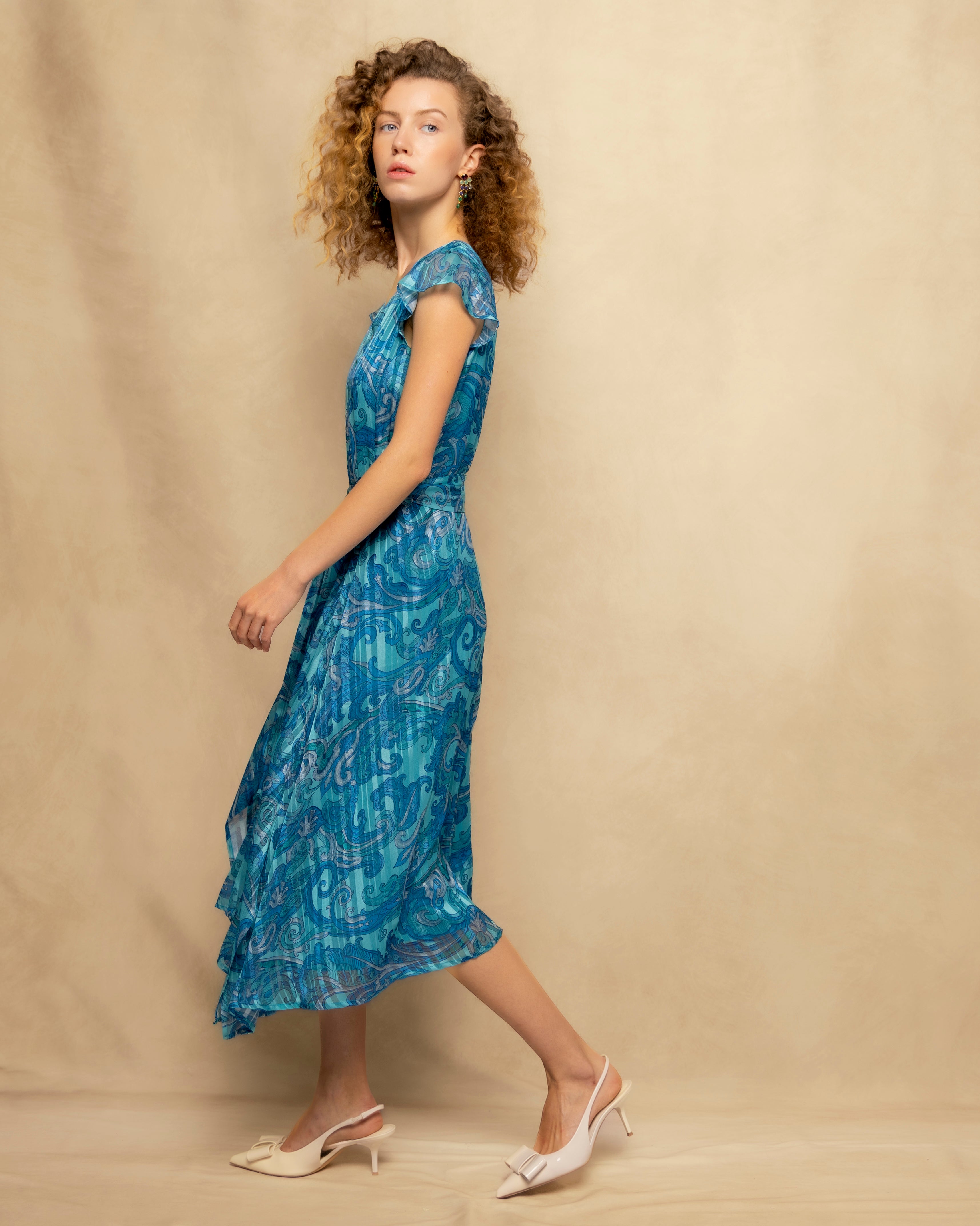 Vestido Midi sem Mangas com Bainha Assimétrica Estampado Azul-claro-3