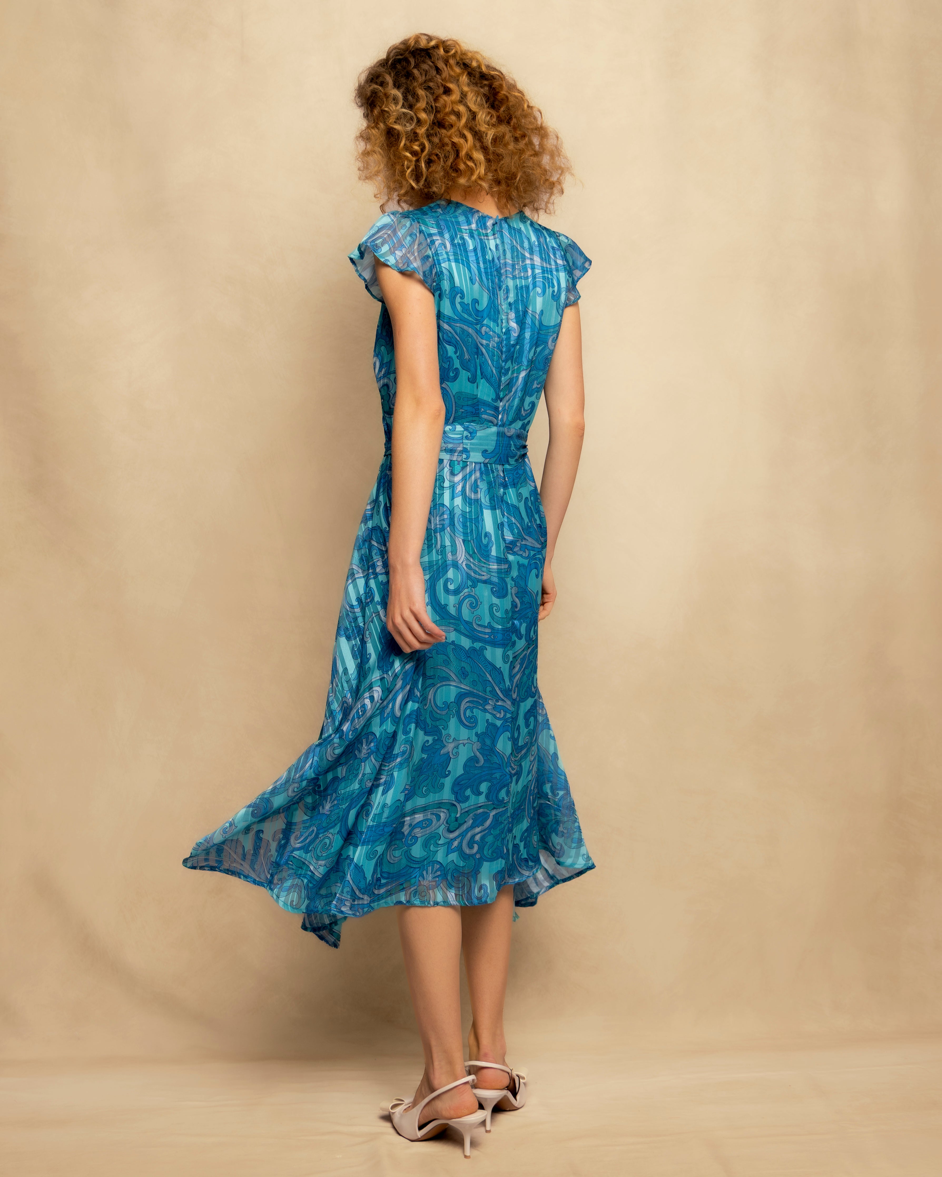 Vestido Midi sem Mangas com Bainha Assimétrica Estampado Azul-claro-5
