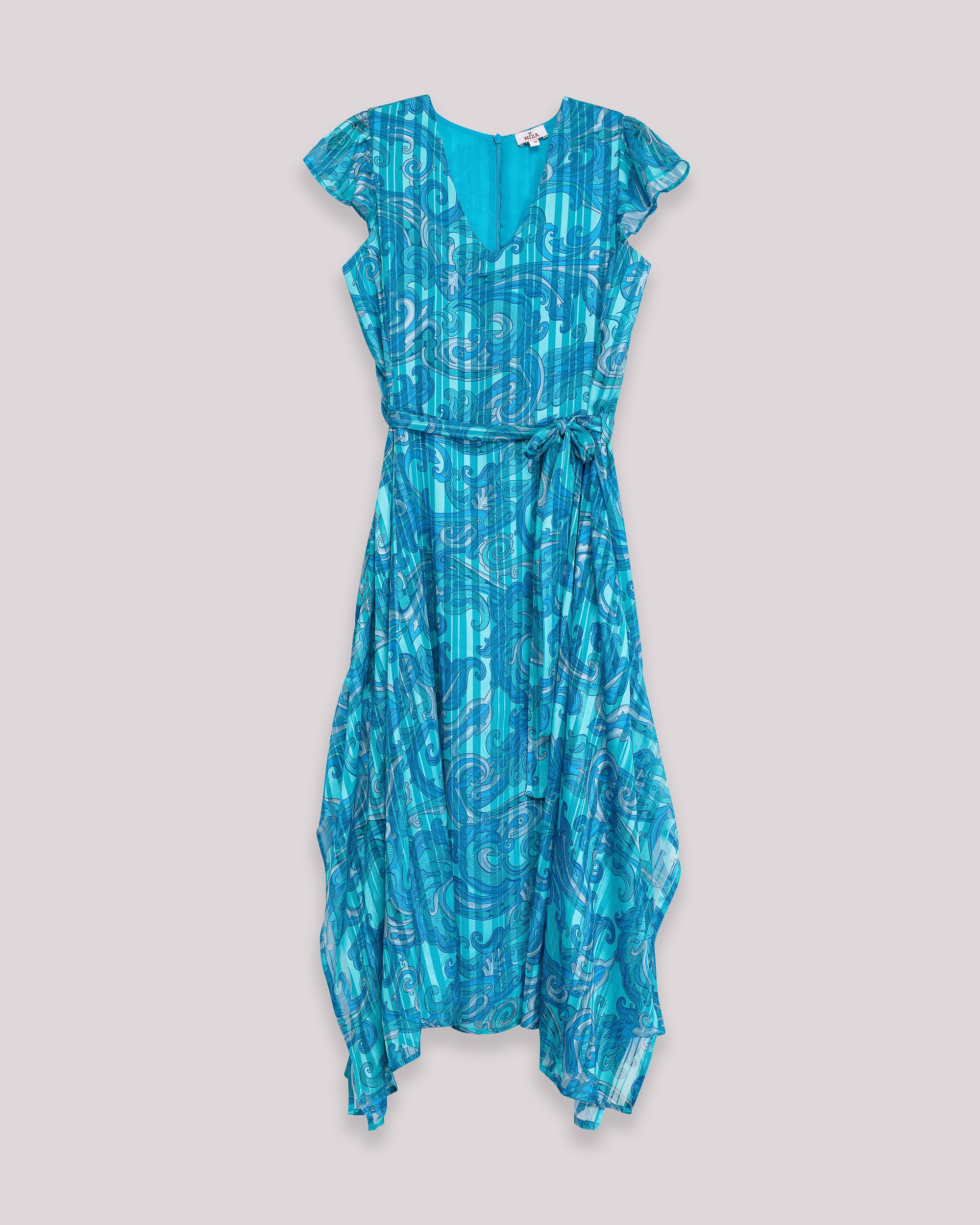 Vestido Midi sem Mangas com Bainha Assimétrica Estampado Azul-claro-6