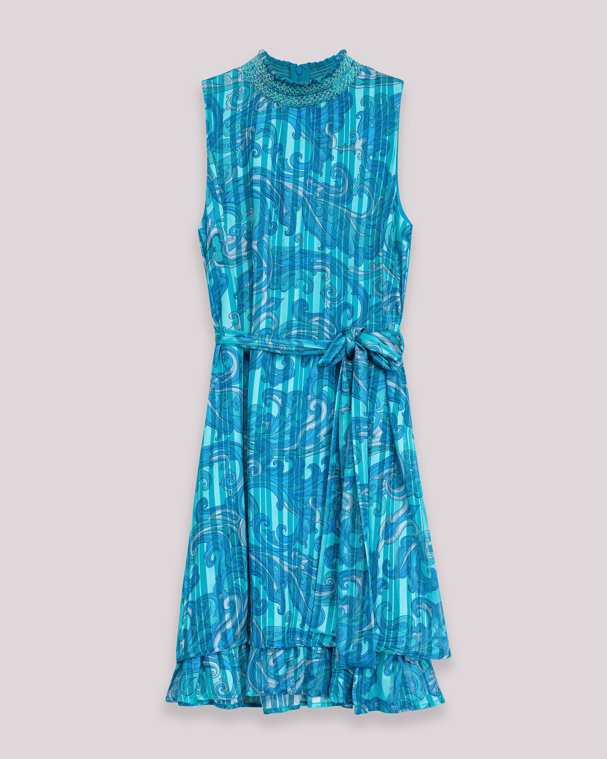 Vestido Curto sem Mangas com Gola Franzida e Cinto Azul-claro-6