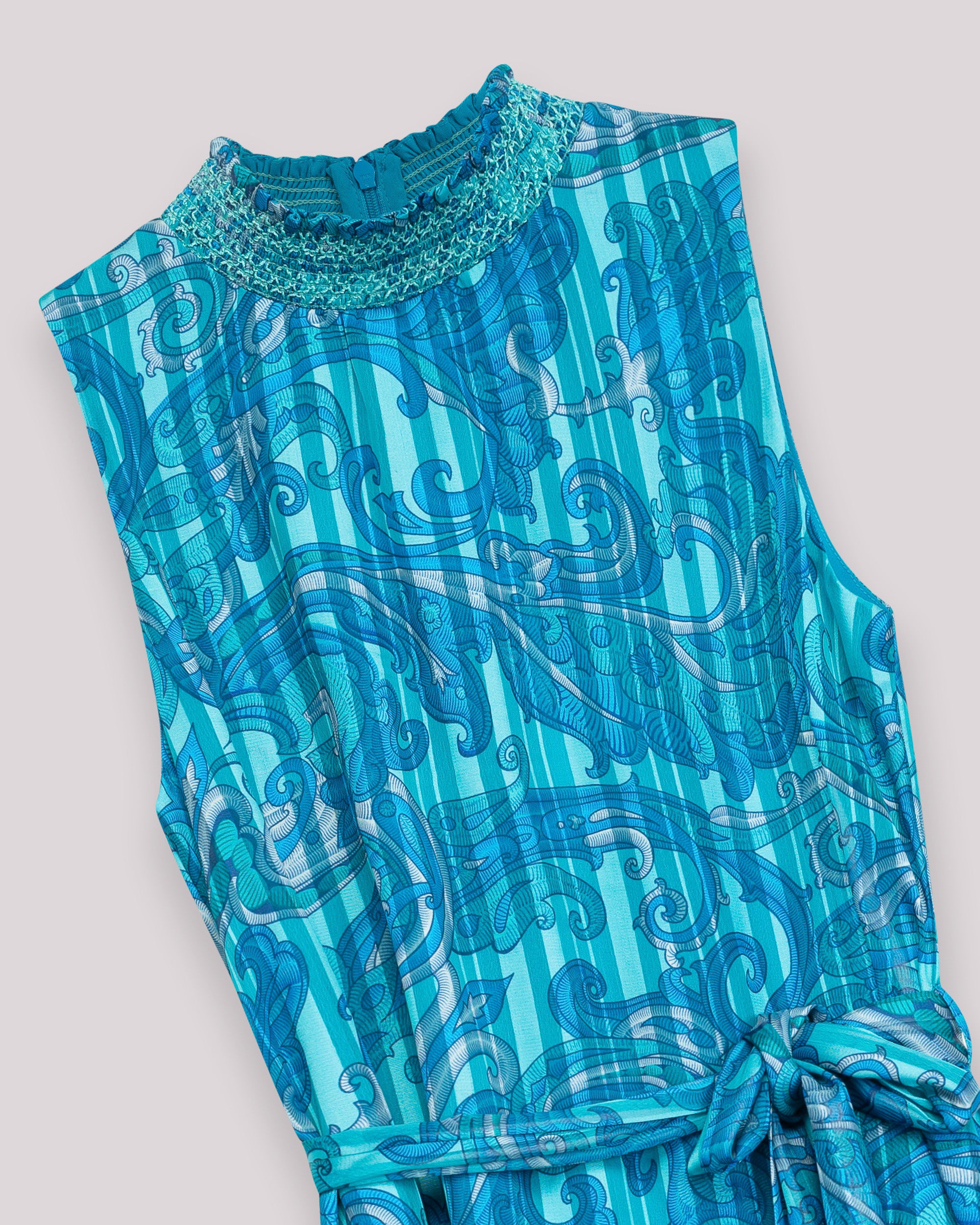 Vestido Curto sem Mangas com Gola Franzida e Cinto Azul-claro-7