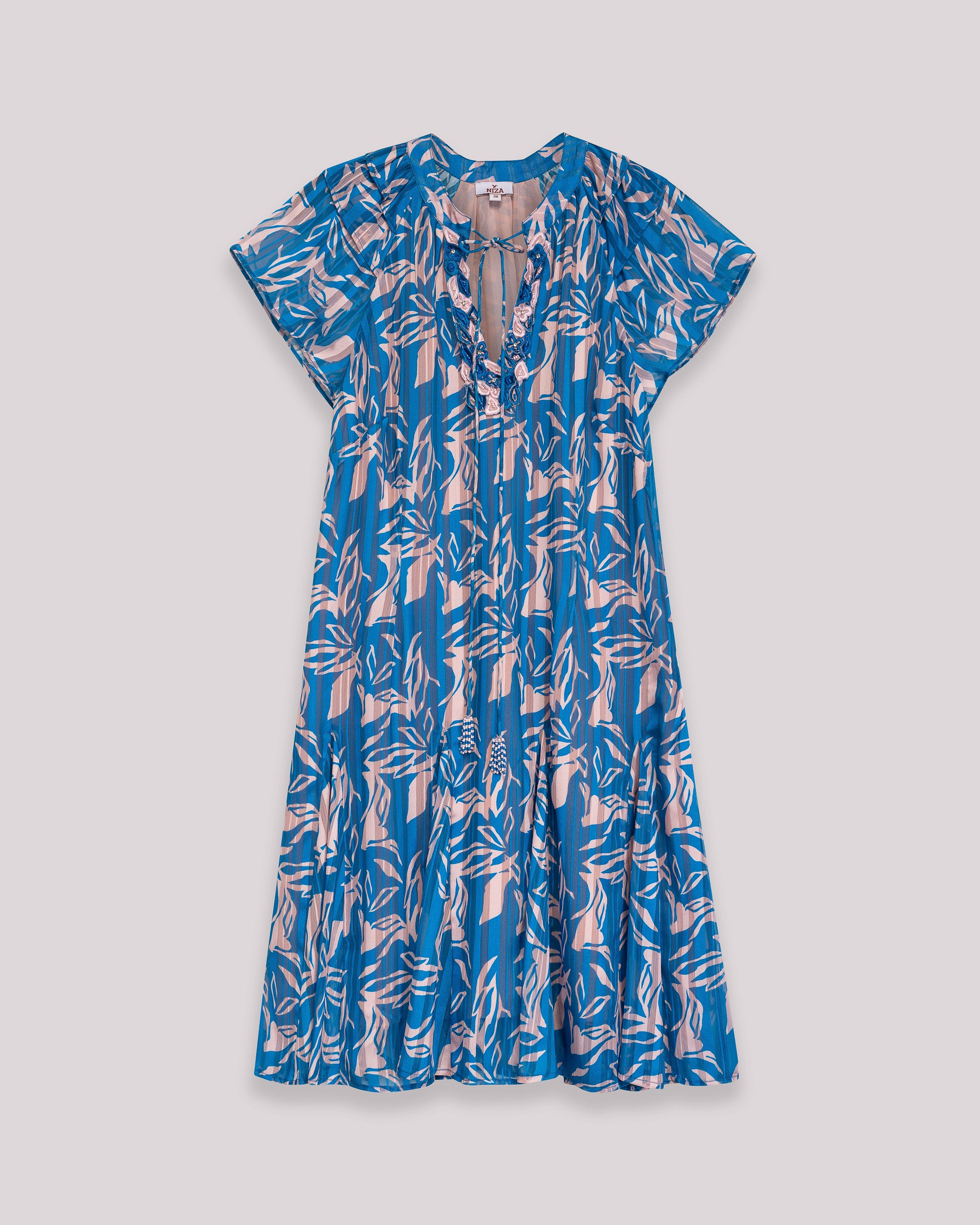 Vestido Curto com Manga Curta e Detalhe Decorativo no Decote Azul-6