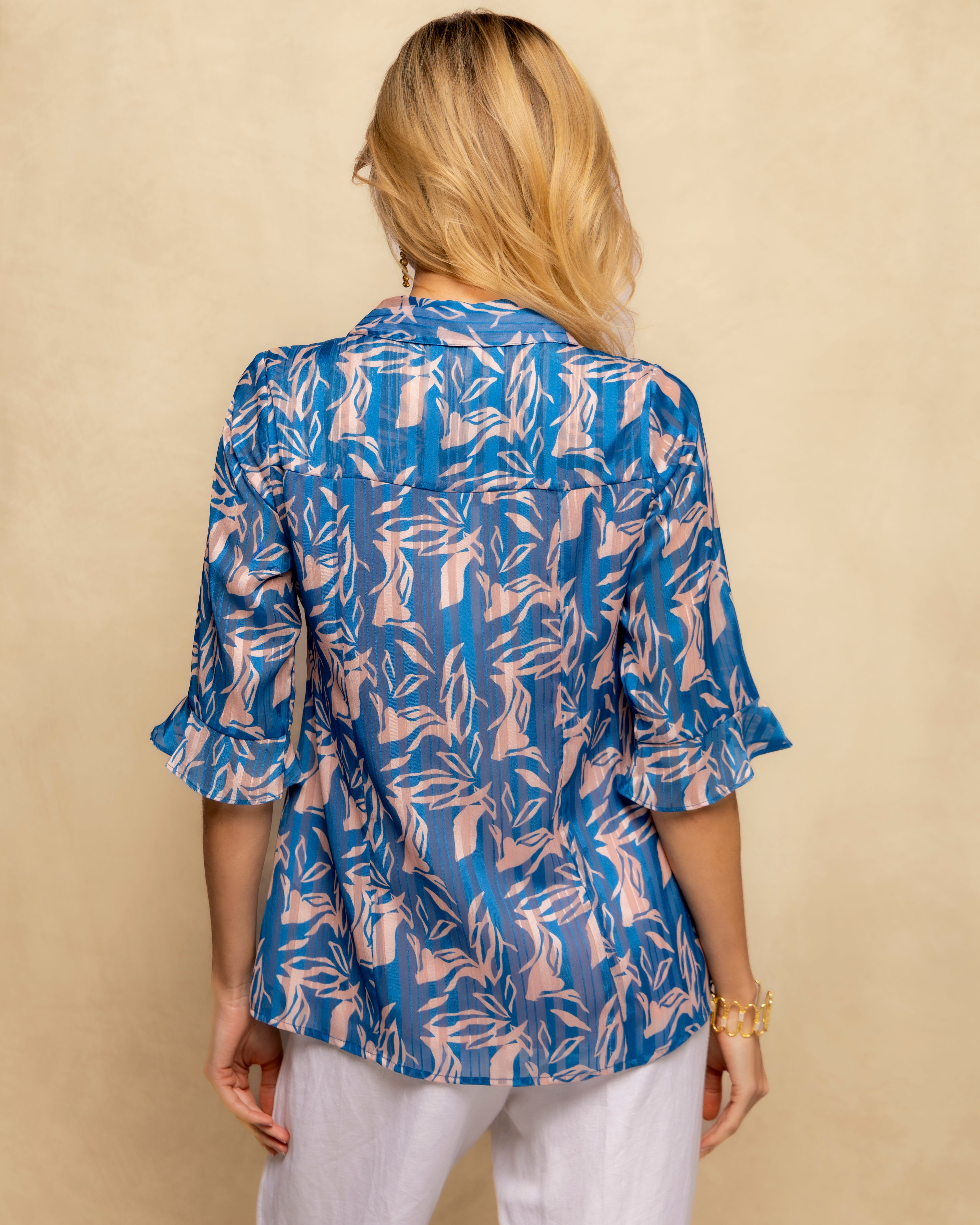 Blusa com Manga Ampla e Fecho de Botões Azul-6