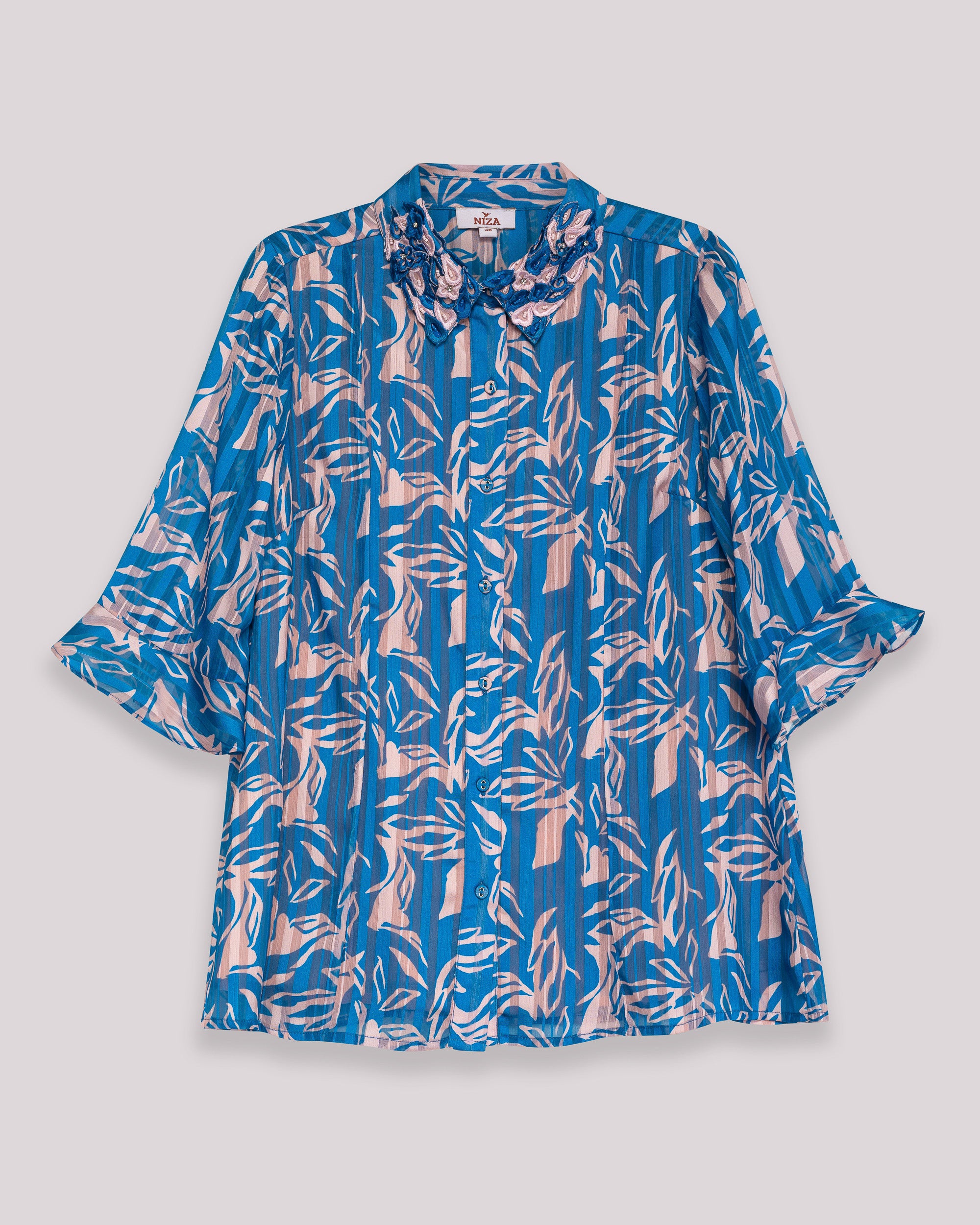 Blusa com Manga Ampla e Fecho de Botões Azul-7