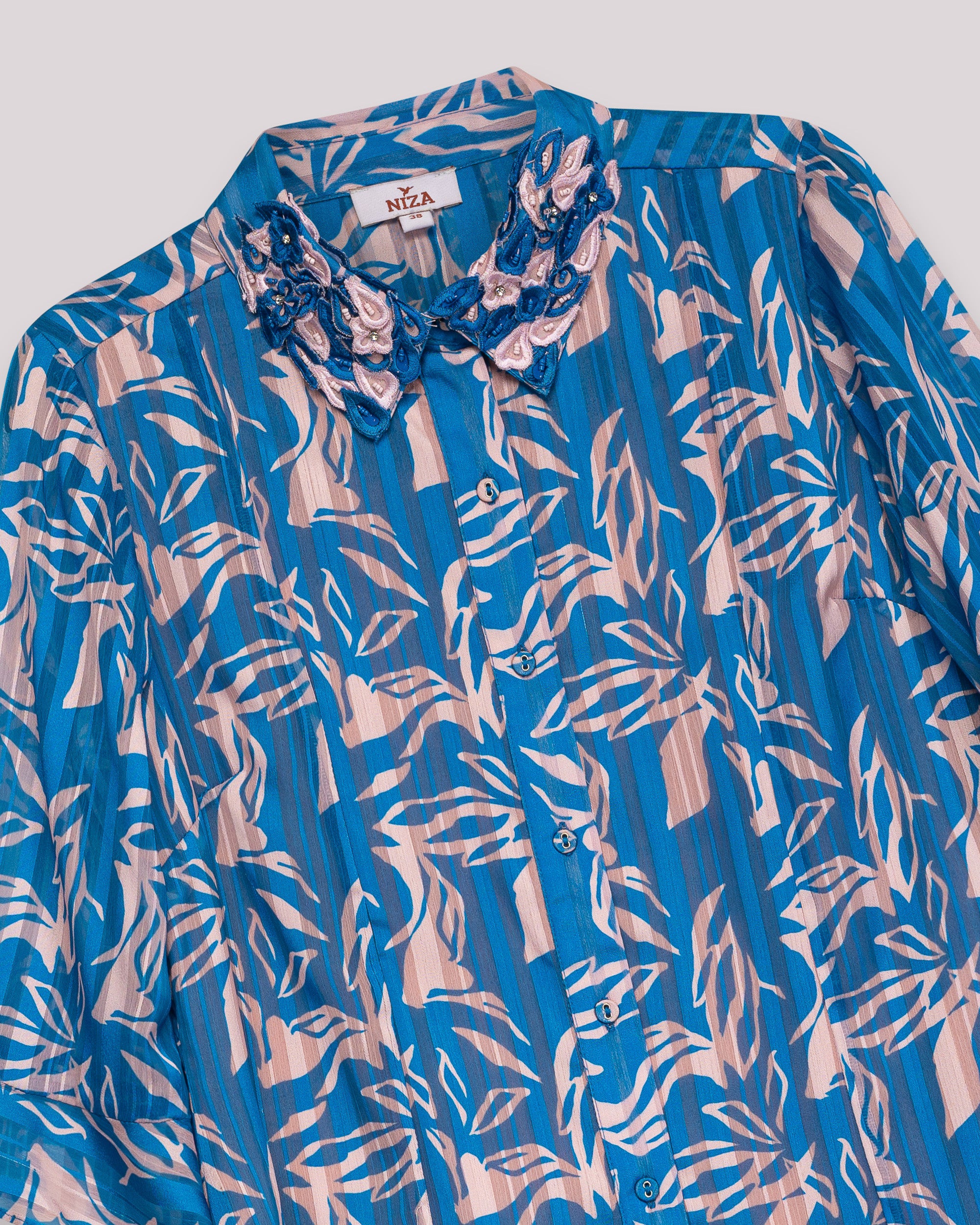 Blusa com Manga Ampla e Fecho de Botões Azul-8