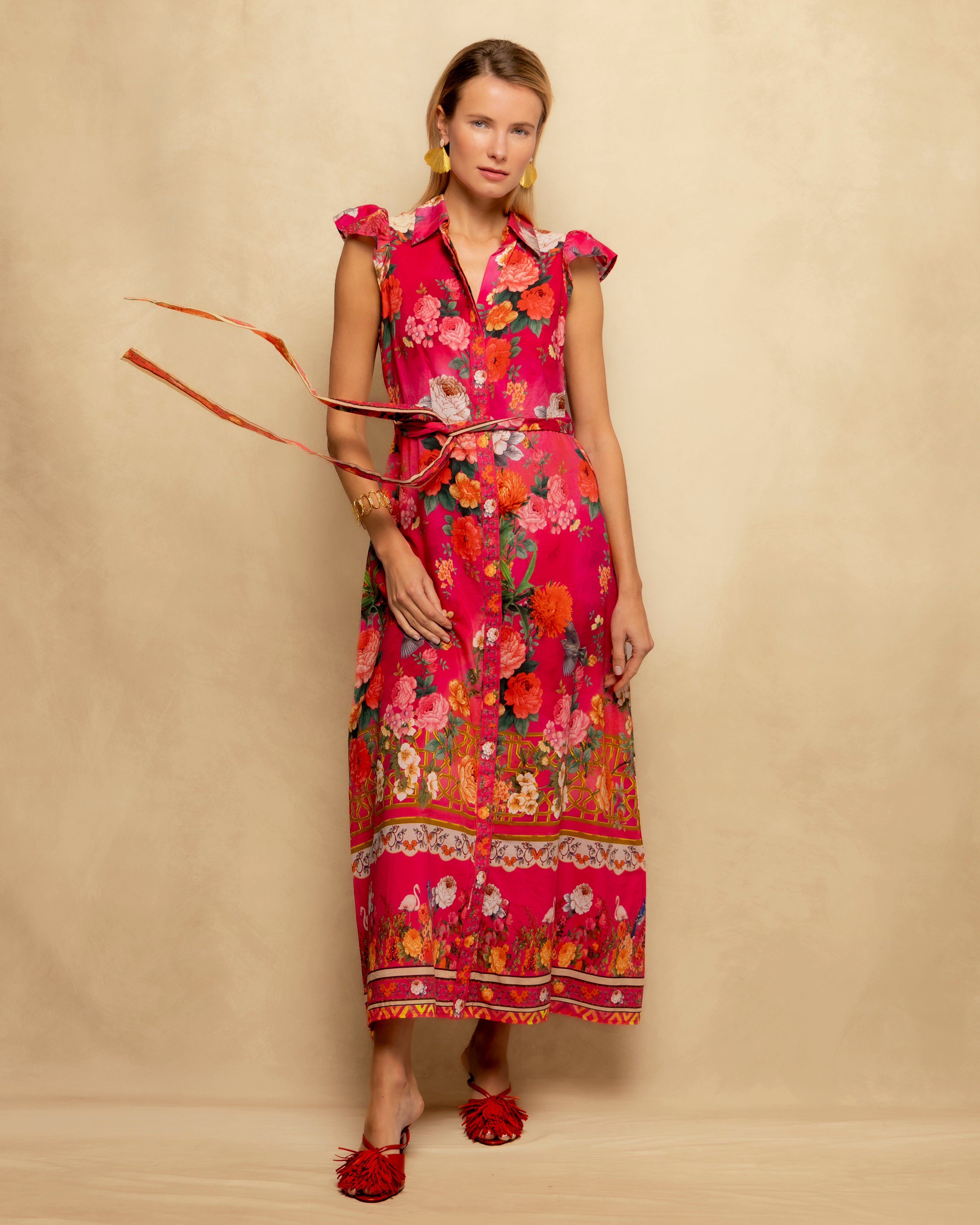 Vestido Midi Estampado Floral com Cinto e Fecho Frontal Rosa-2
