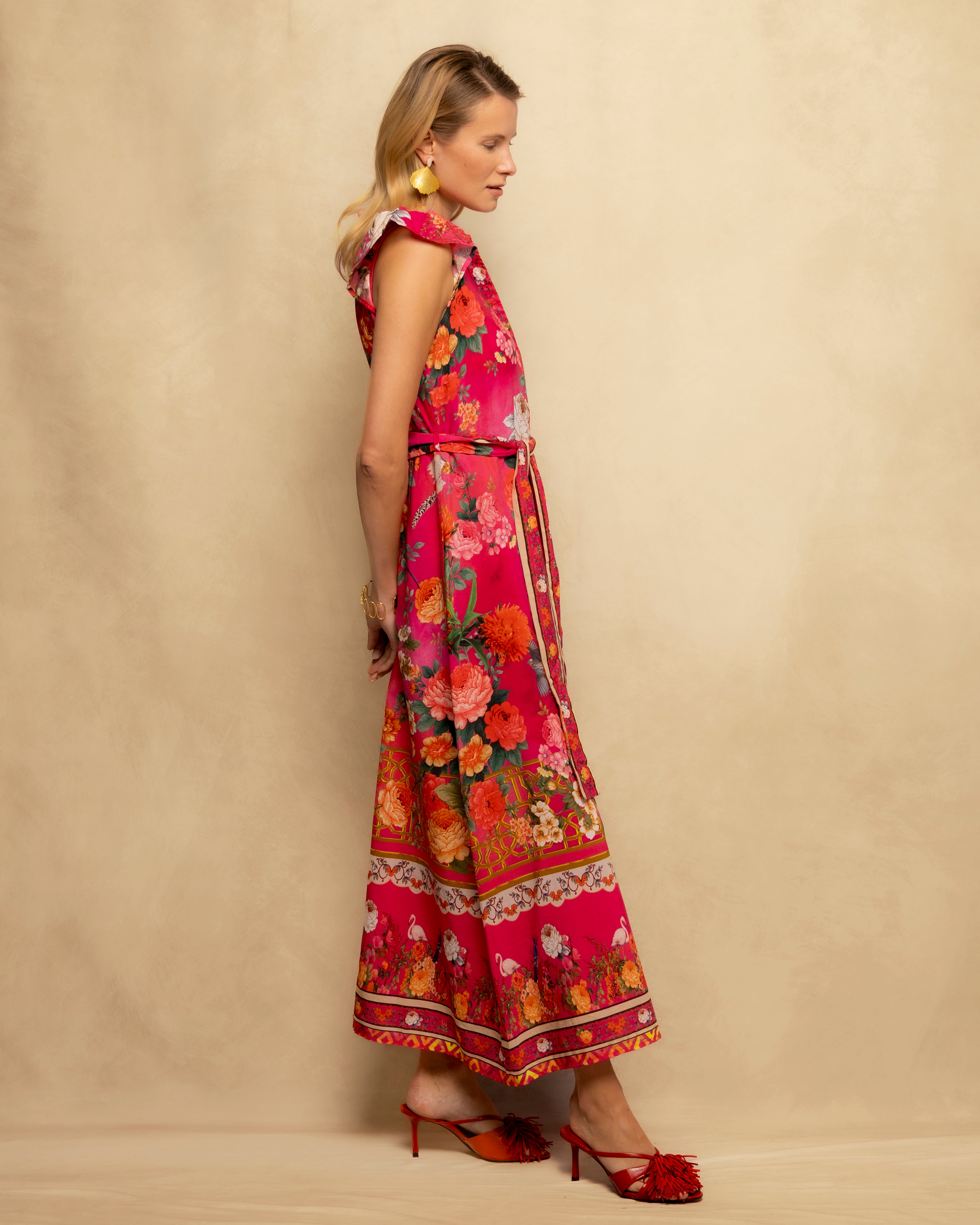Vestido Midi Estampado Floral com Cinto e Fecho Frontal Rosa-4