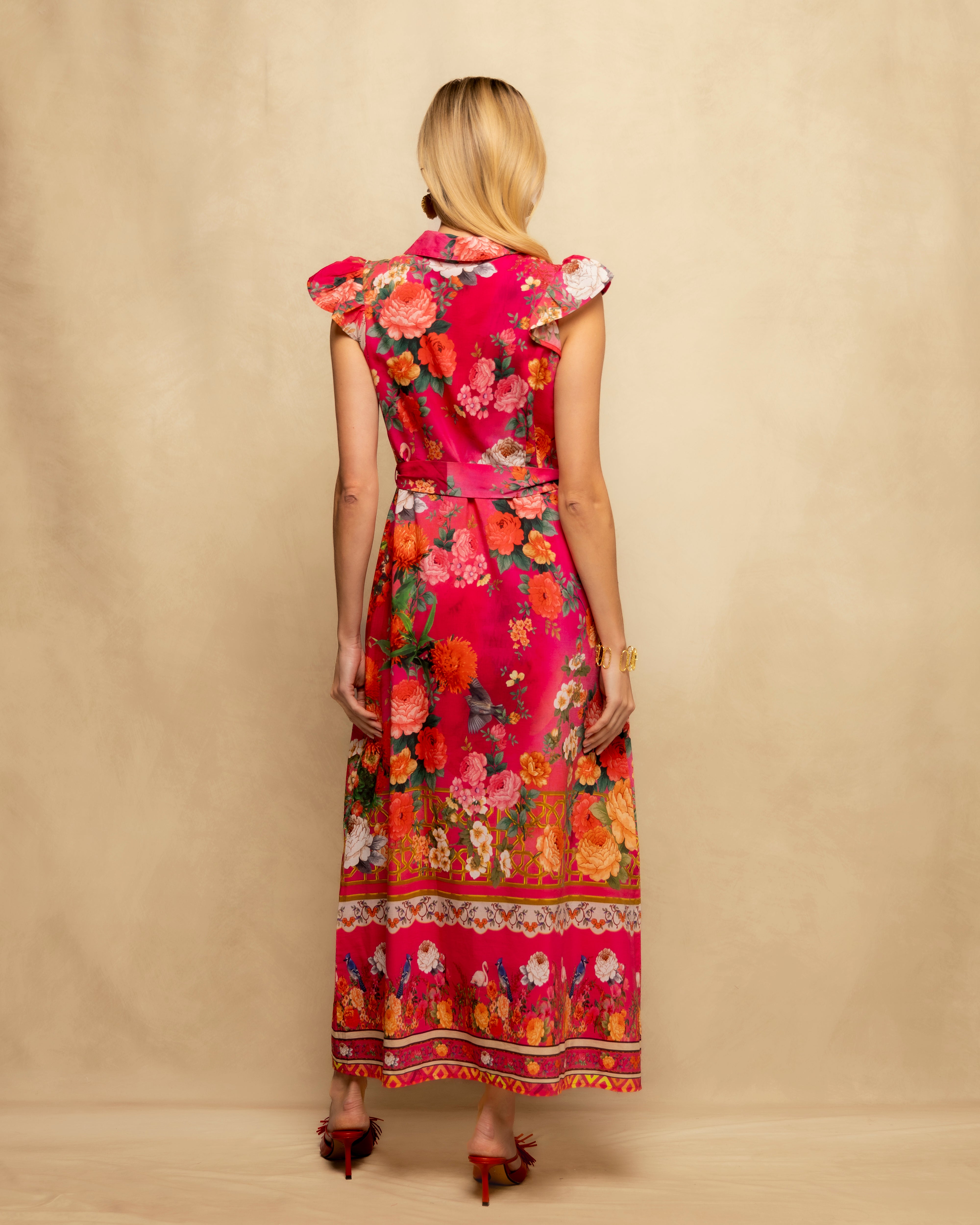 Vestido Midi Estampado Floral com Cinto e Fecho Frontal Rosa-5