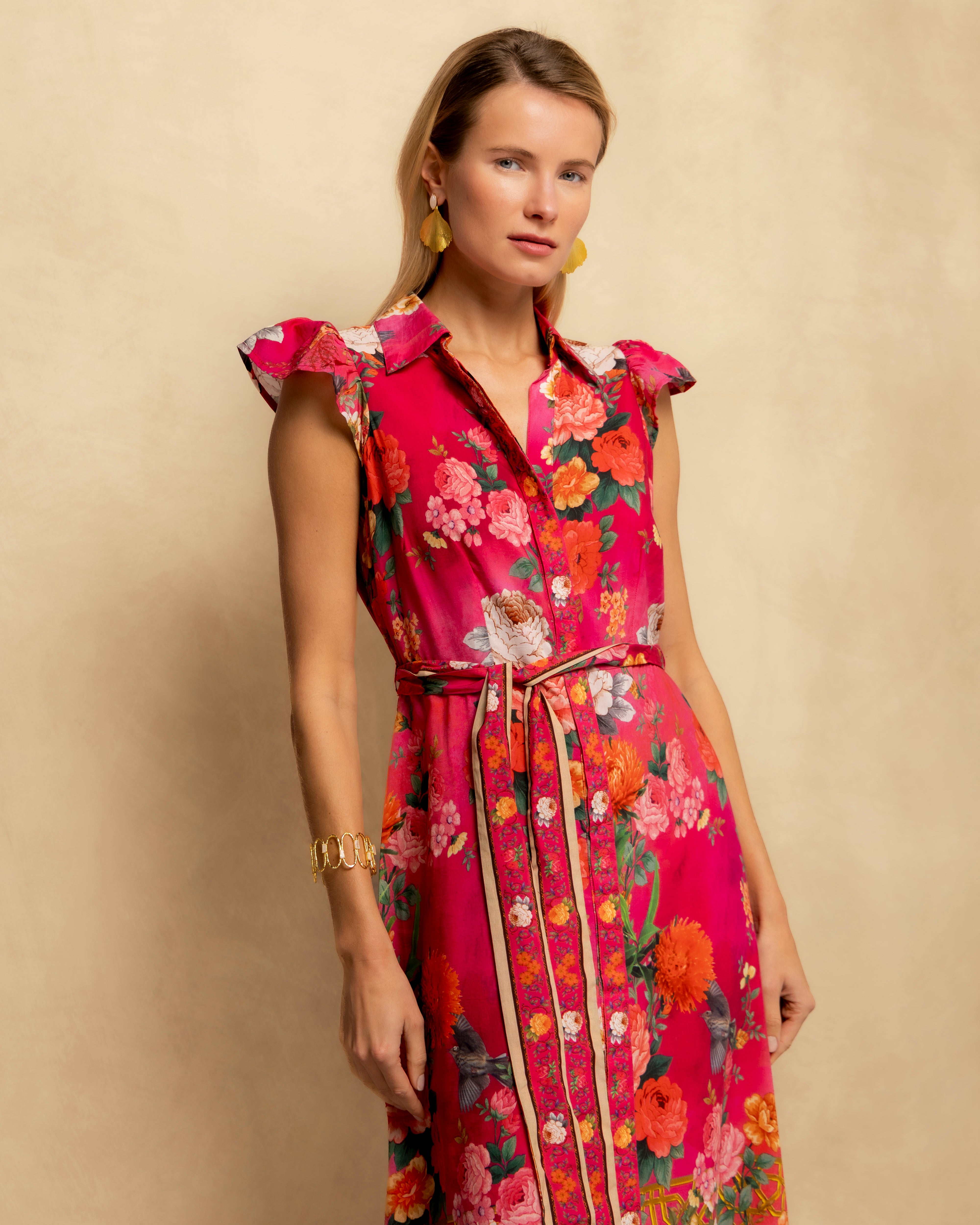 Vestido Midi Estampado Floral com Cinto e Fecho Frontal Rosa-6