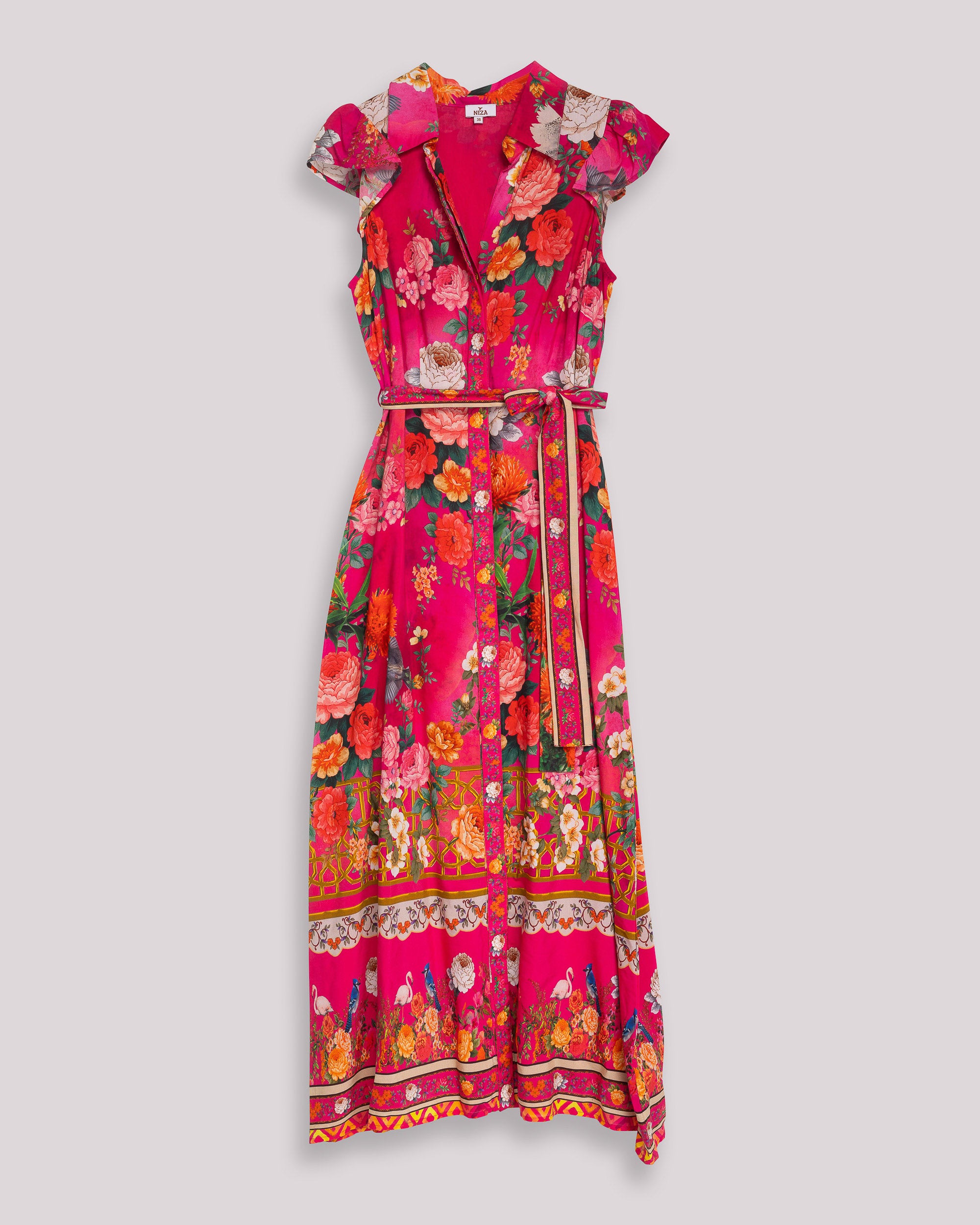 Vestido Midi Estampado Floral com Cinto e Fecho Frontal Rosa-7
