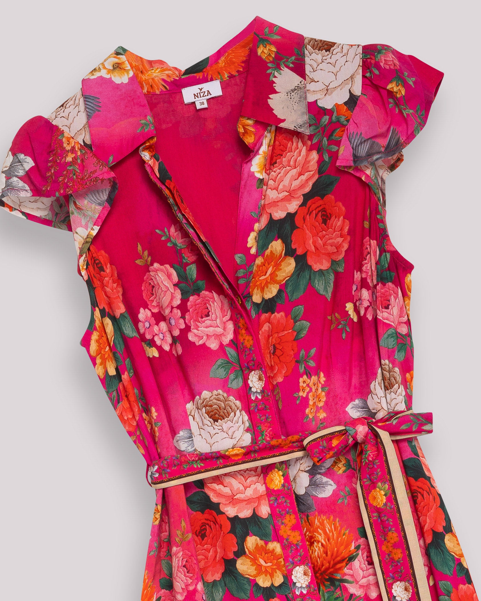 Vestido Midi Estampado Floral com Cinto e Fecho Frontal Rosa-8