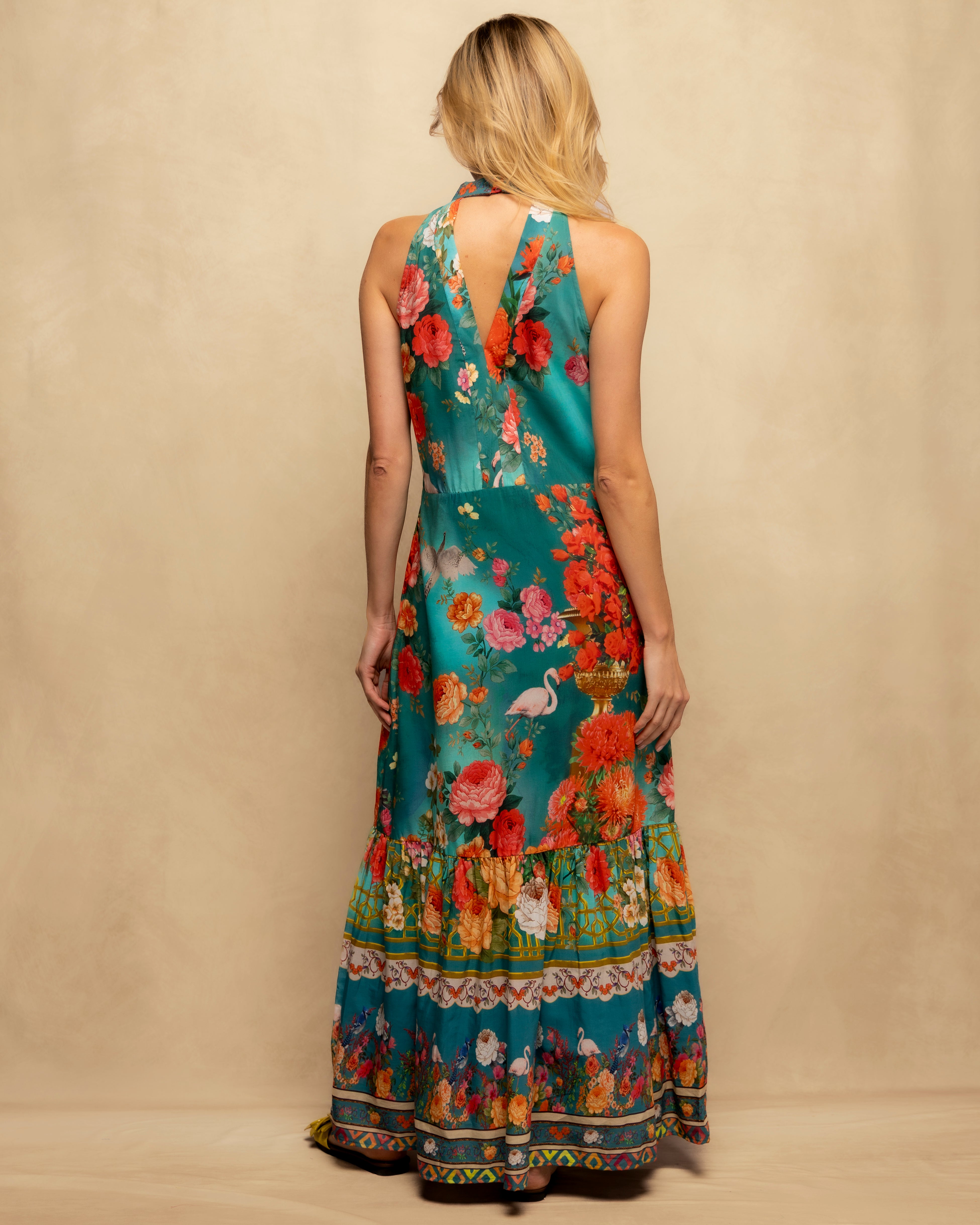 Vestido Comprido Halter Estampado com Volume Azul-7