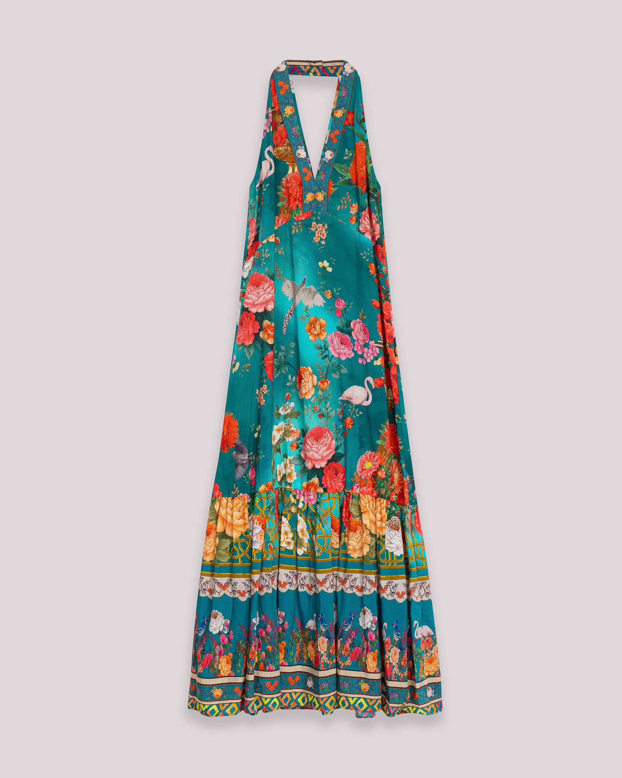 Vestido Comprido Halter Estampado com Volume Azul-8