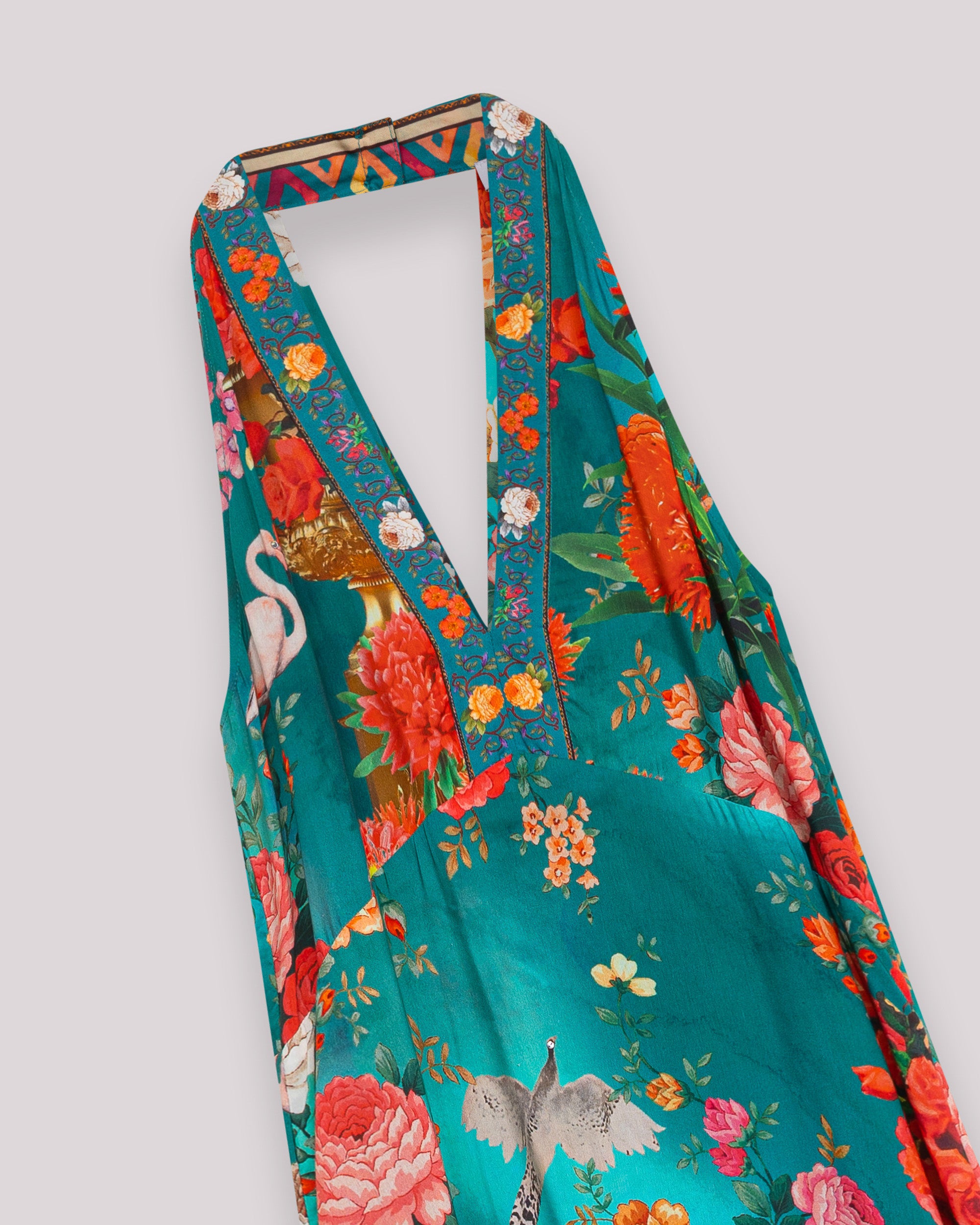 Vestido Comprido Halter Estampado com Volume Azul-9