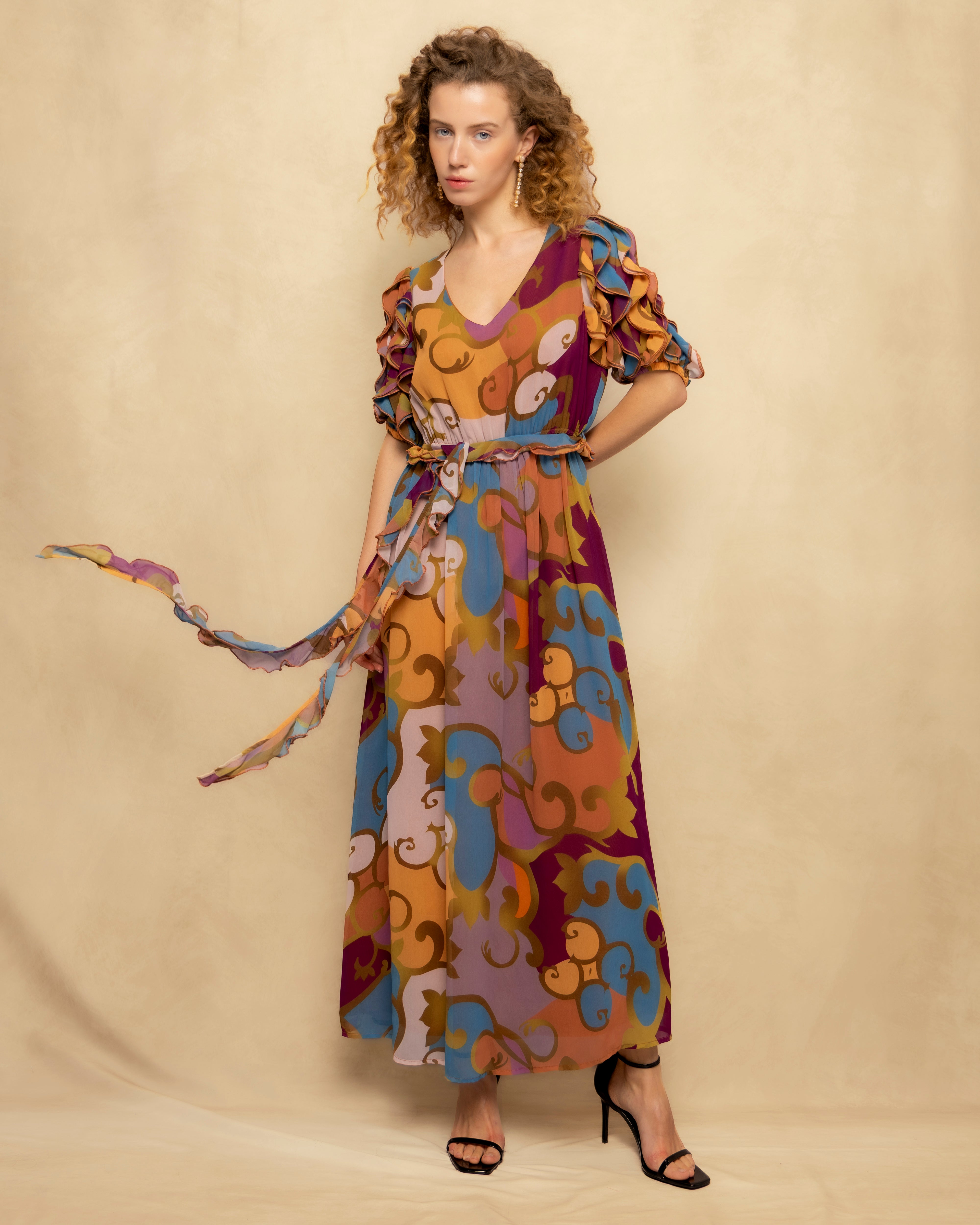 Vestido Comprido Fluido com Decote em V e Folho Decorativo Multicolor-2
