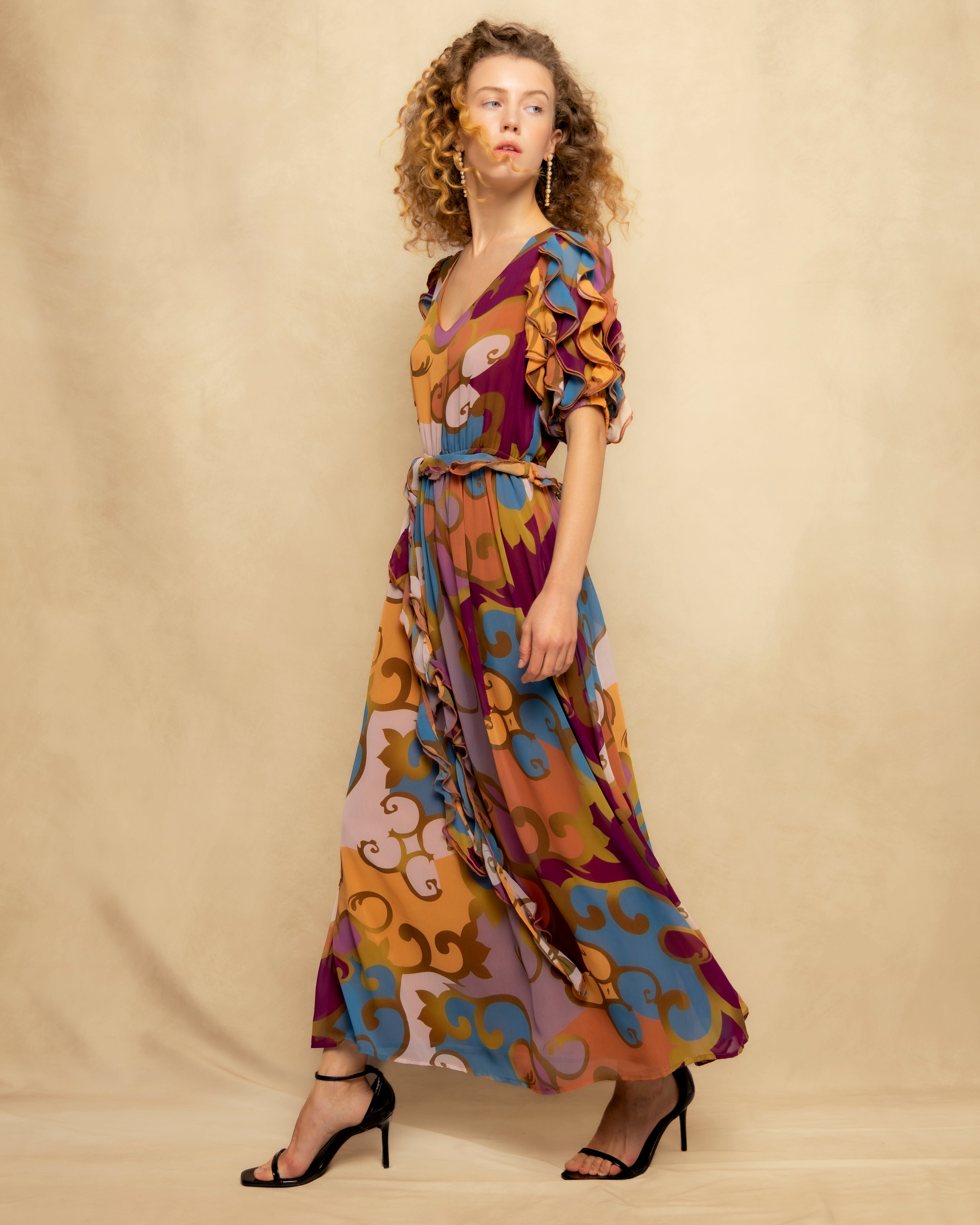 Vestido Comprido Fluido com Decote em V e Folho Decorativo Multicolor-4