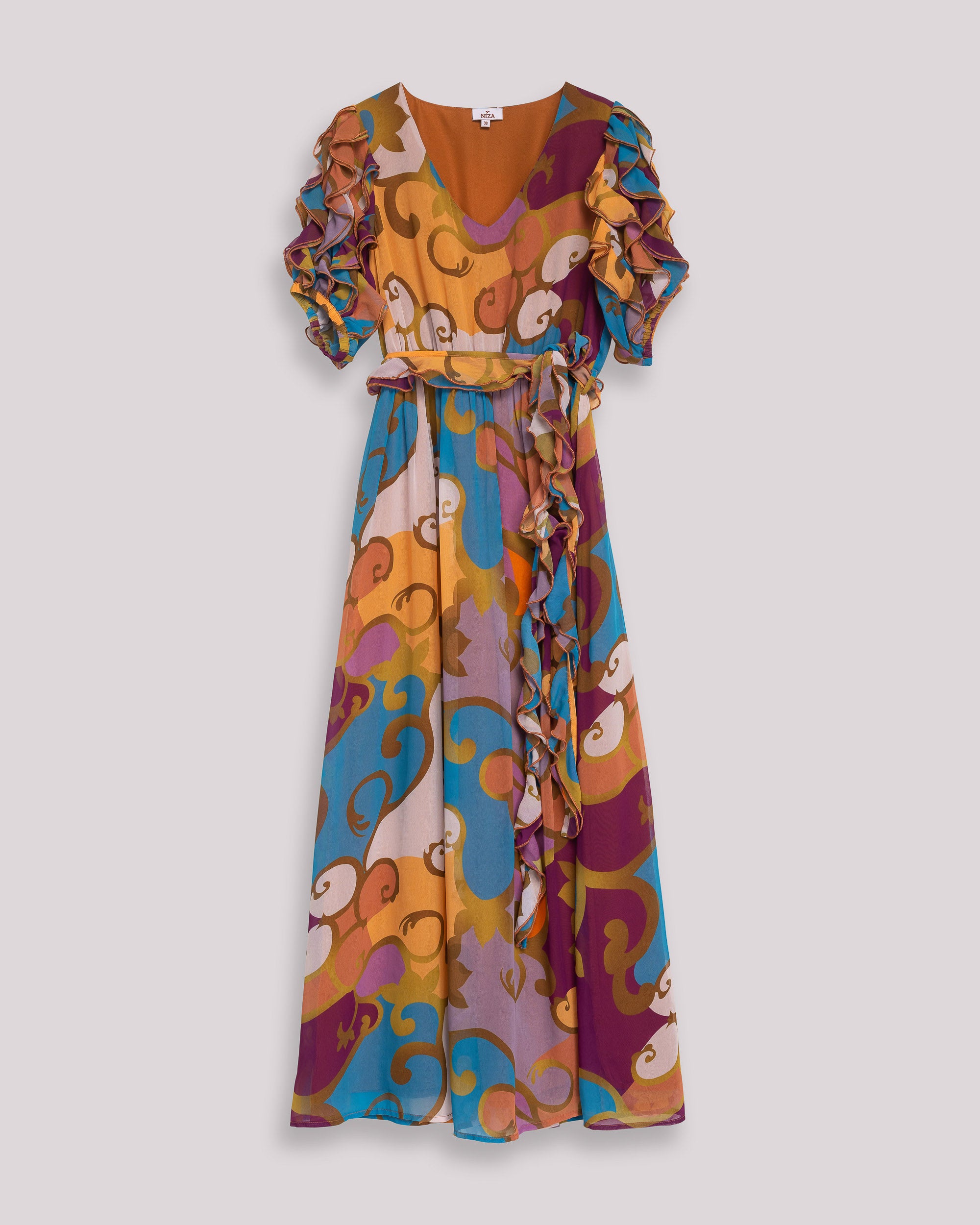 Vestido Comprido Fluido com Decote em V e Folho Decorativo Multicolor-6