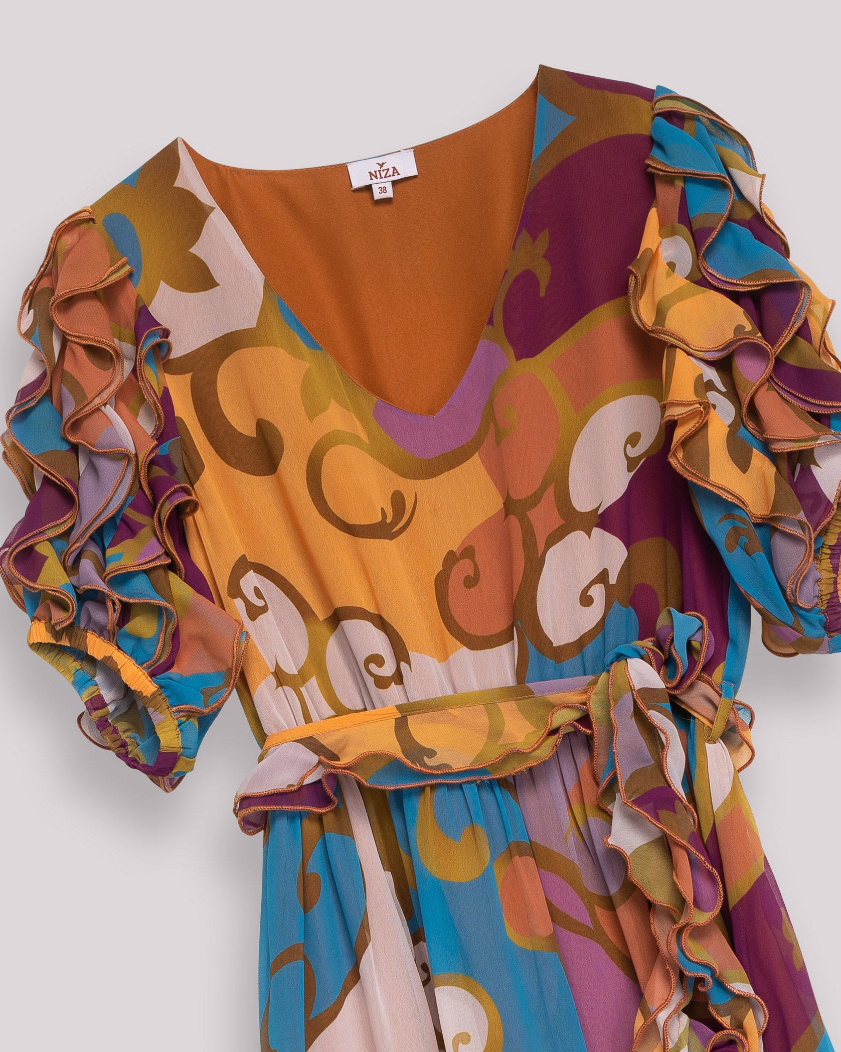 Vestido Comprido Fluido com Decote em V e Folho Decorativo Multicolor-7