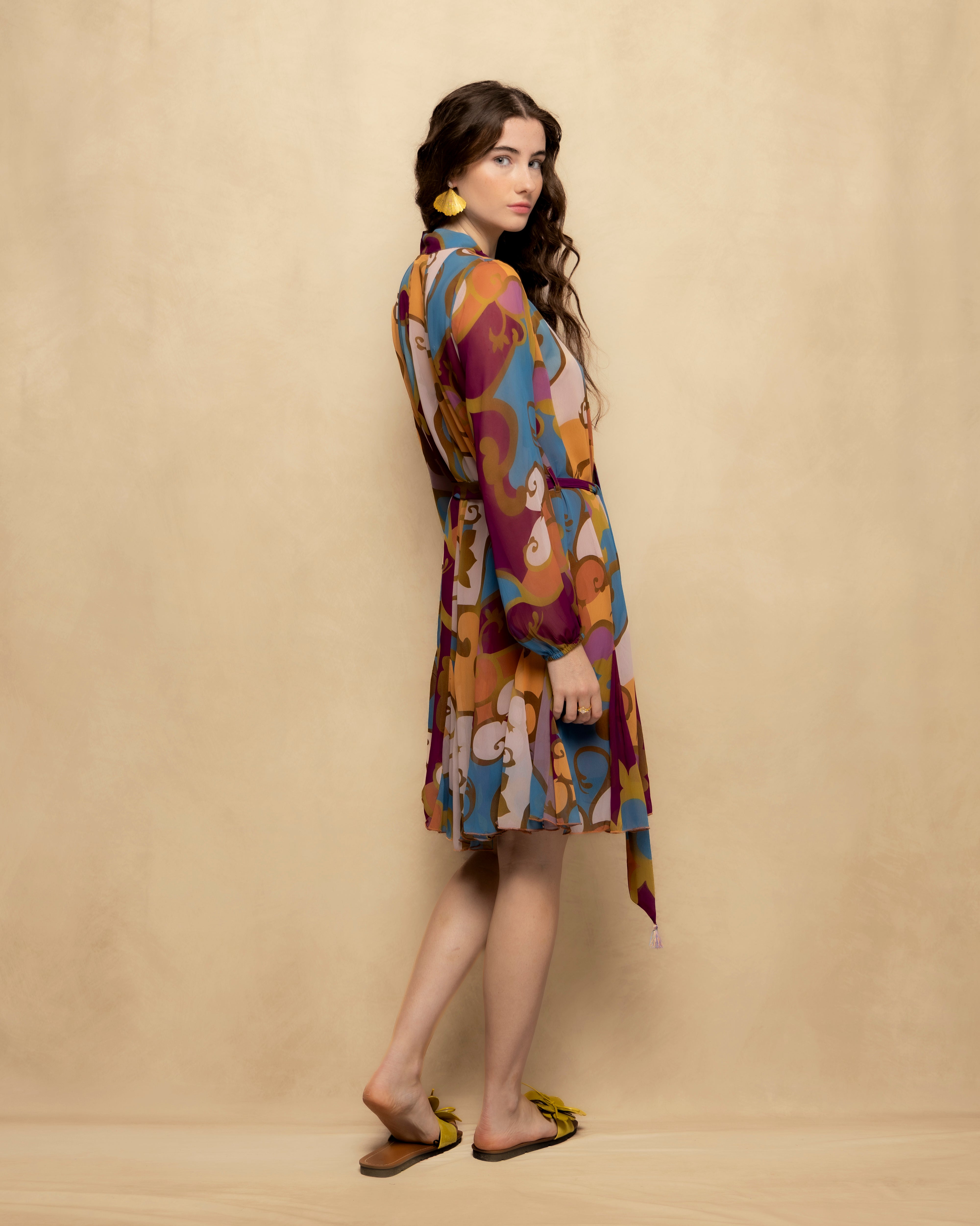 Vestido Curto Tipo Camisa com Manga Comprida e Laçada Multicolor-5
