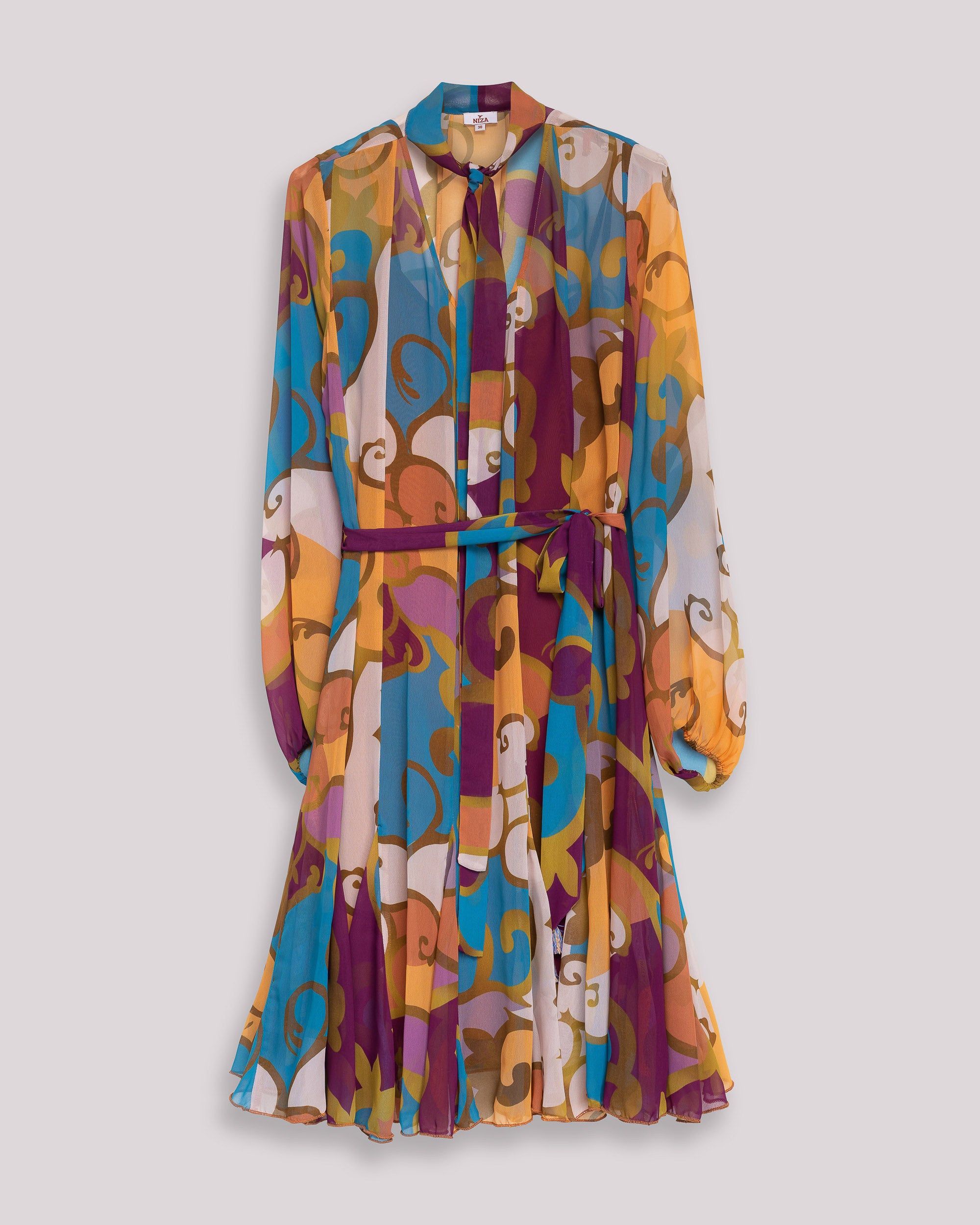 Vestido Curto Tipo Camisa com Manga Comprida e Laçada Multicolor-7