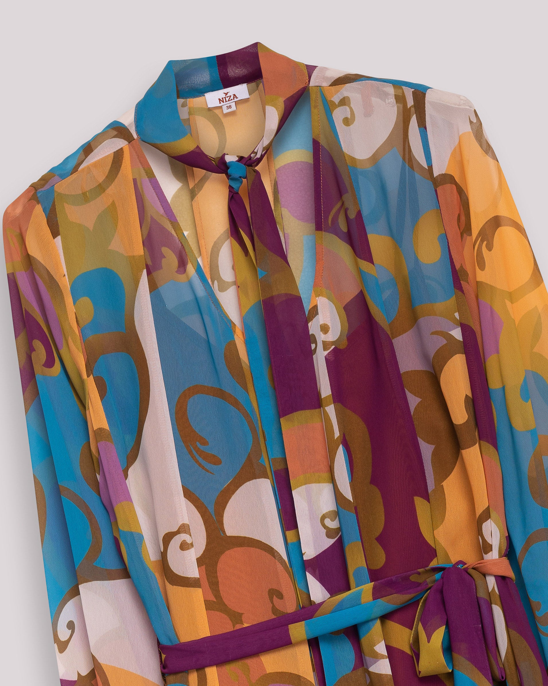 Vestido Curto Tipo Camisa com Manga Comprida e Laçada Multicolor-8