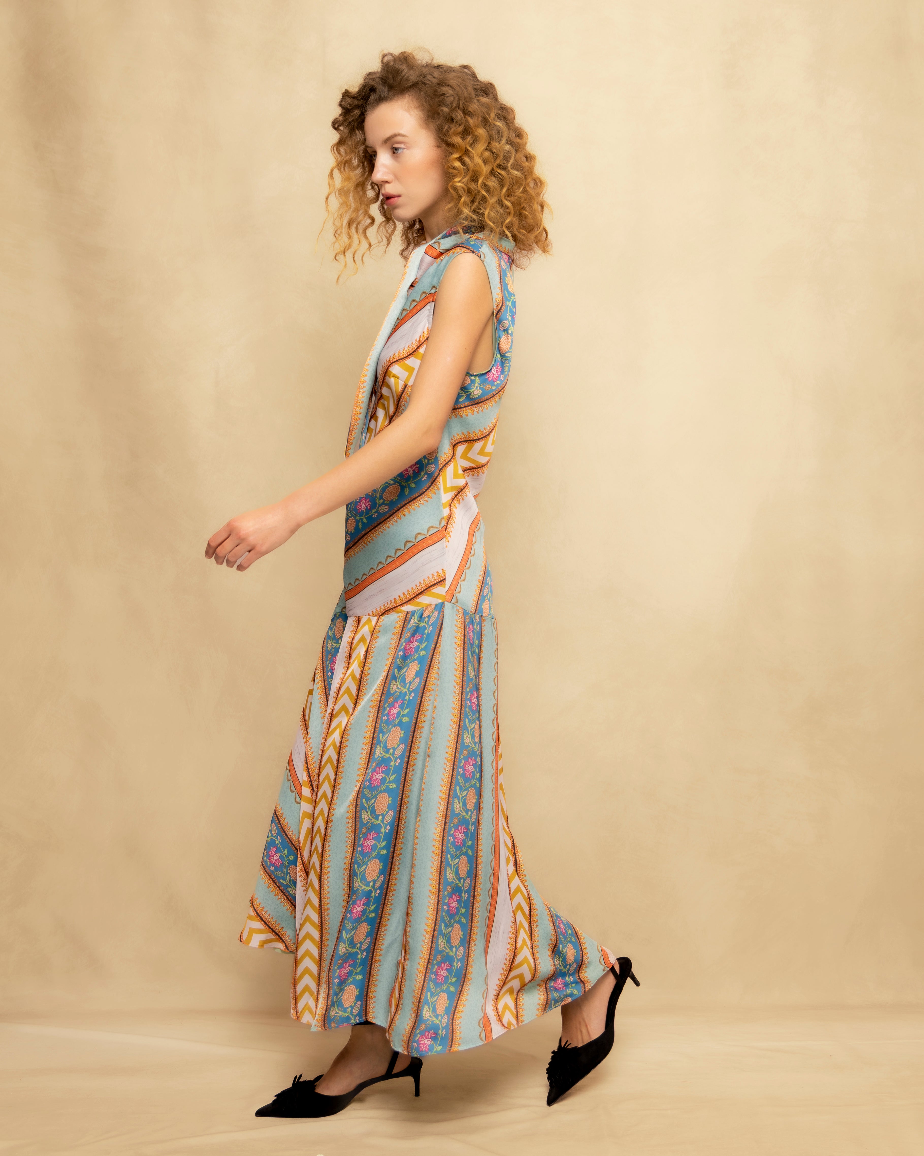 Vestido Comprido sem Mangas com Estampado Geométrico Multicolor-8