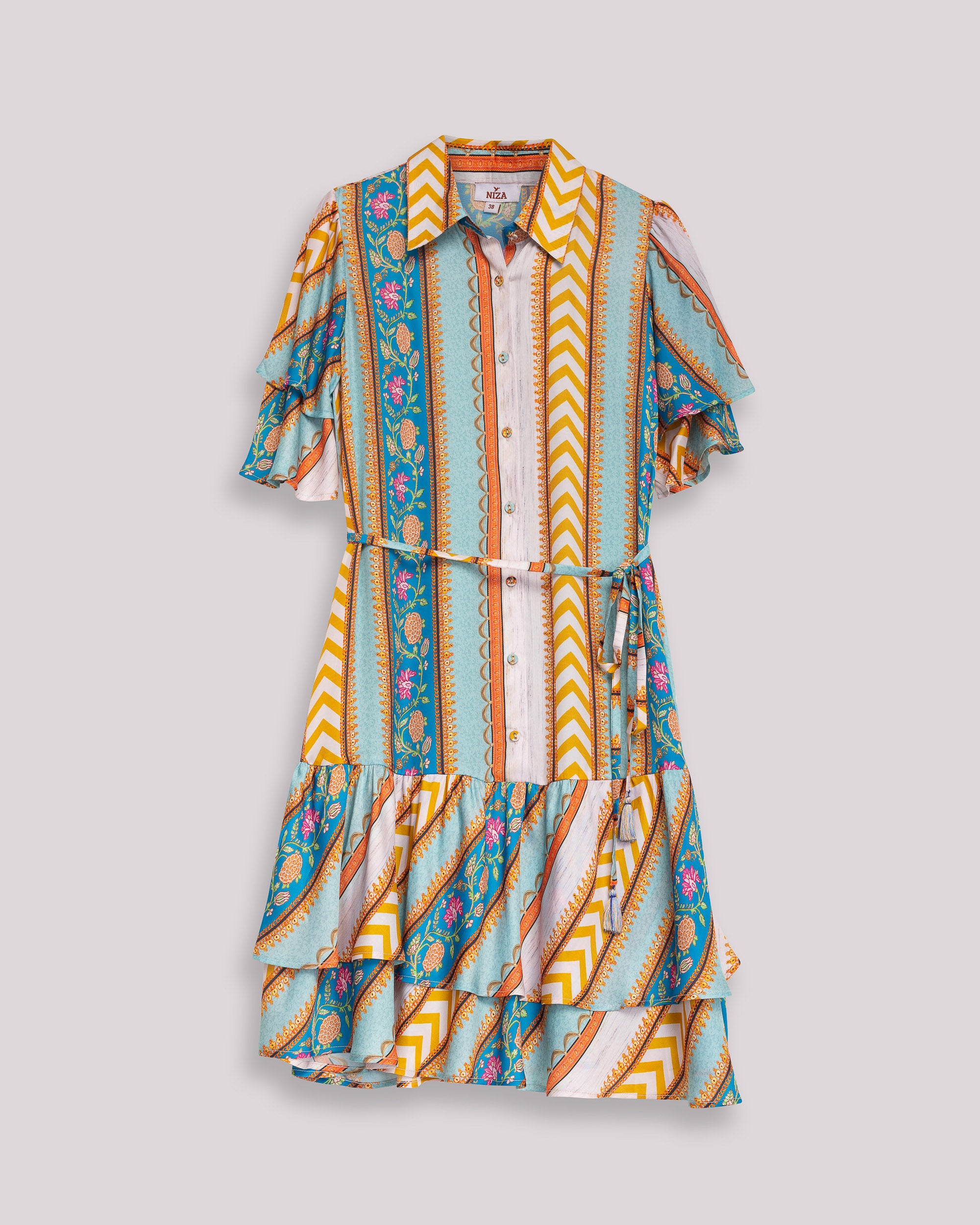 Vestido Curto Tipo Camisa com Folhos e Cinto Multicolor-6