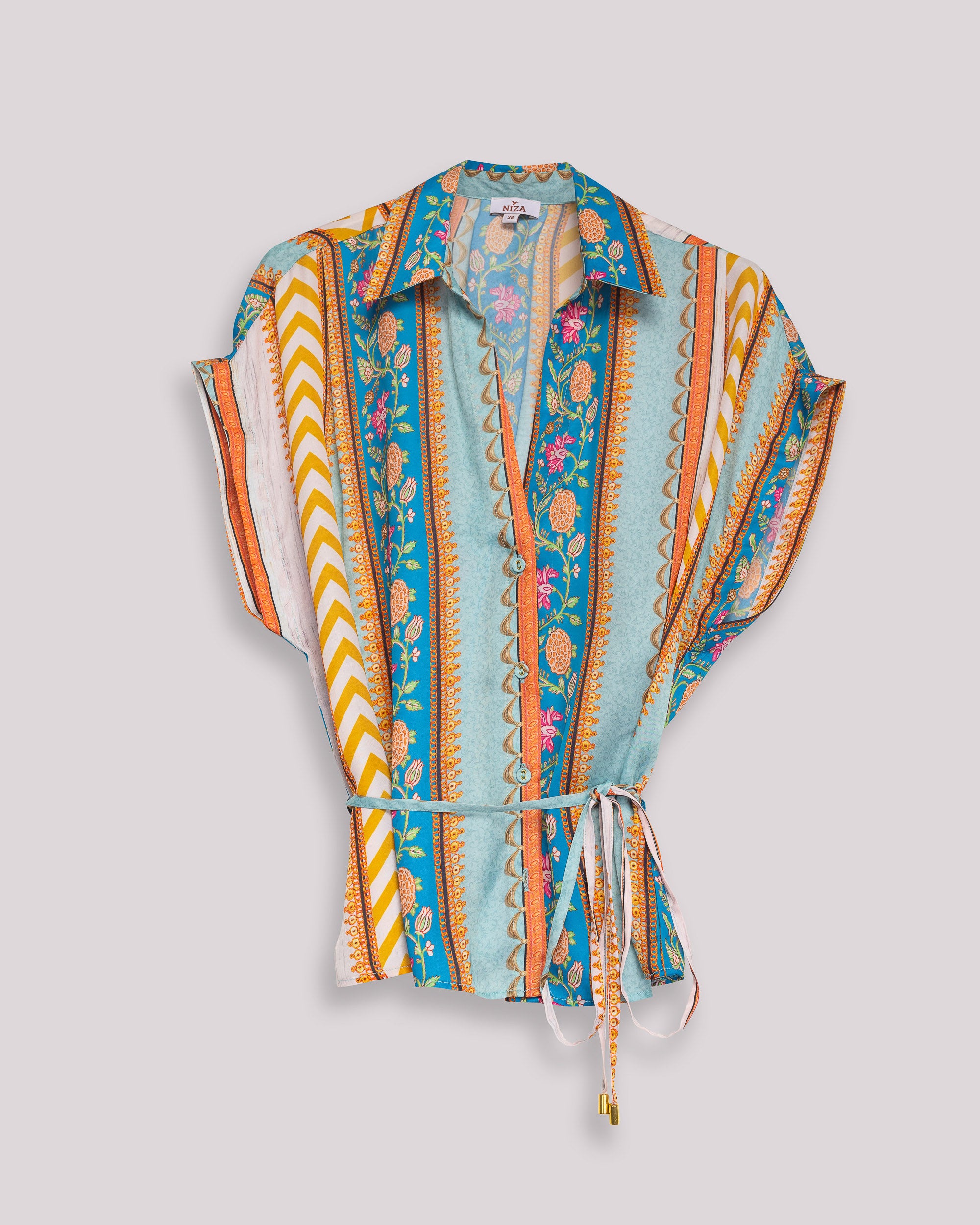 Blusa Tipo Camisa Estampada com Manga Curta e Cinto Multicolor-6