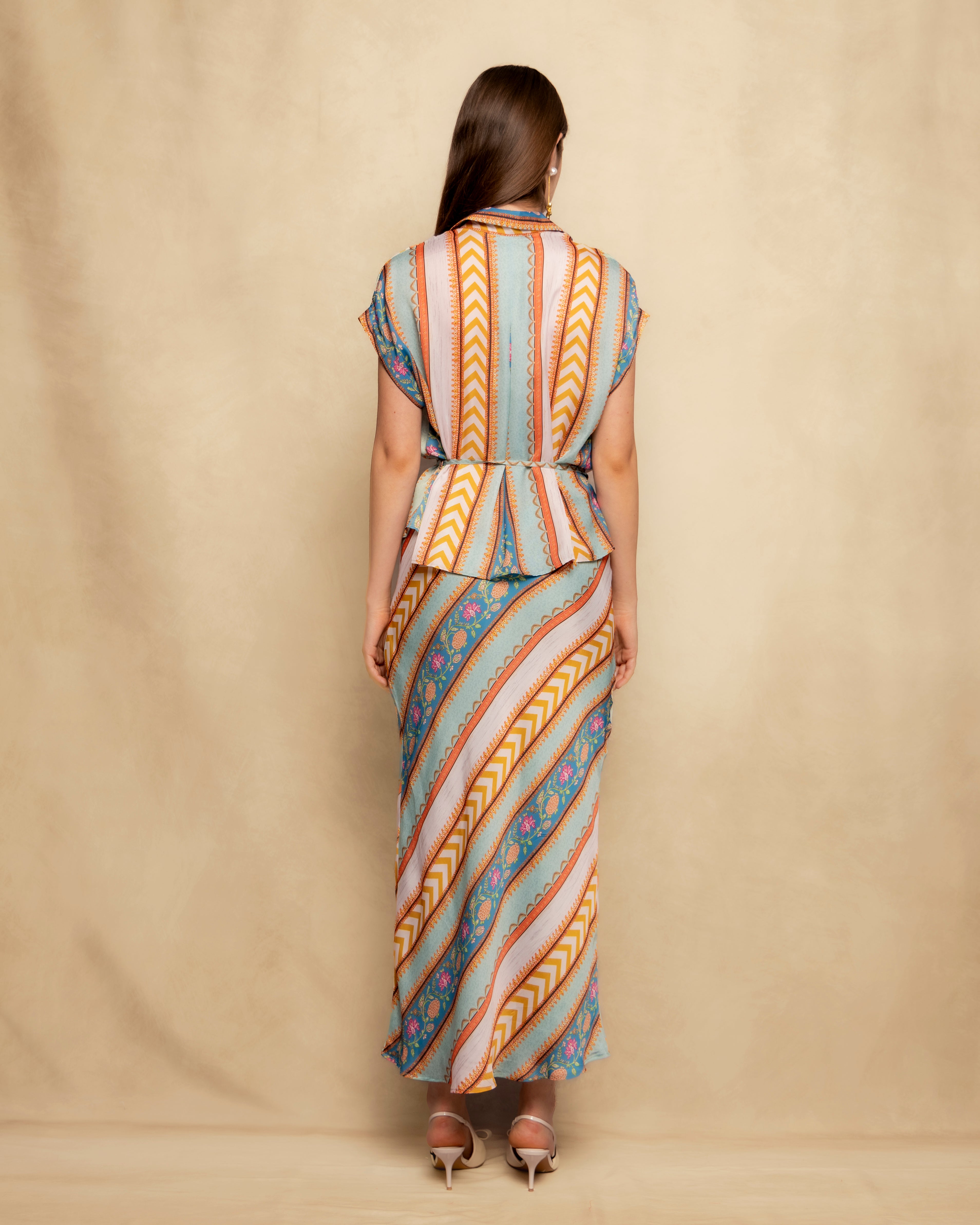 Saia Midi Estampada com Corte Evasé Azul-claro-5