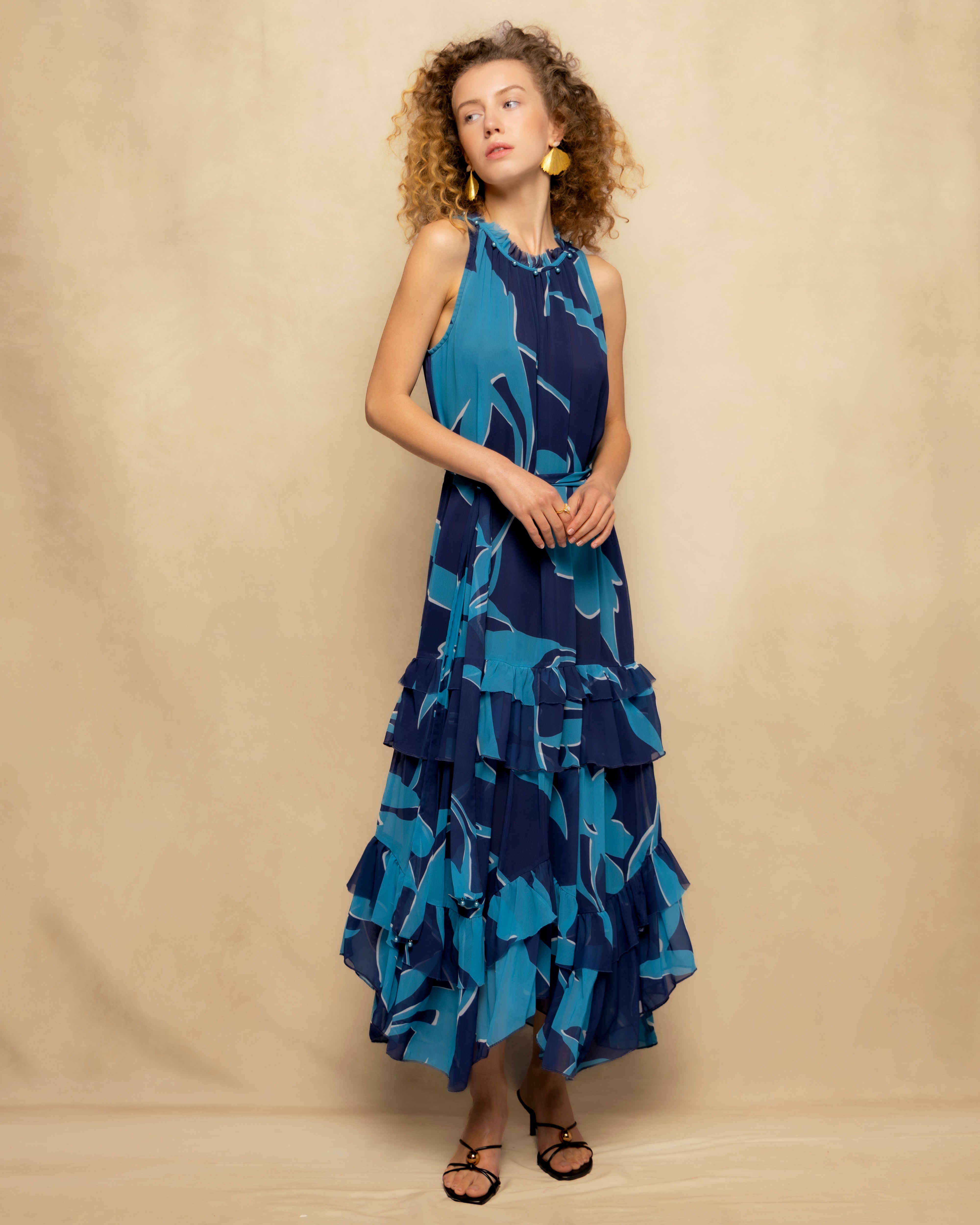 Vestido Comprido Fluido sem Mangas com Folho Escalonado Azul-claro-3