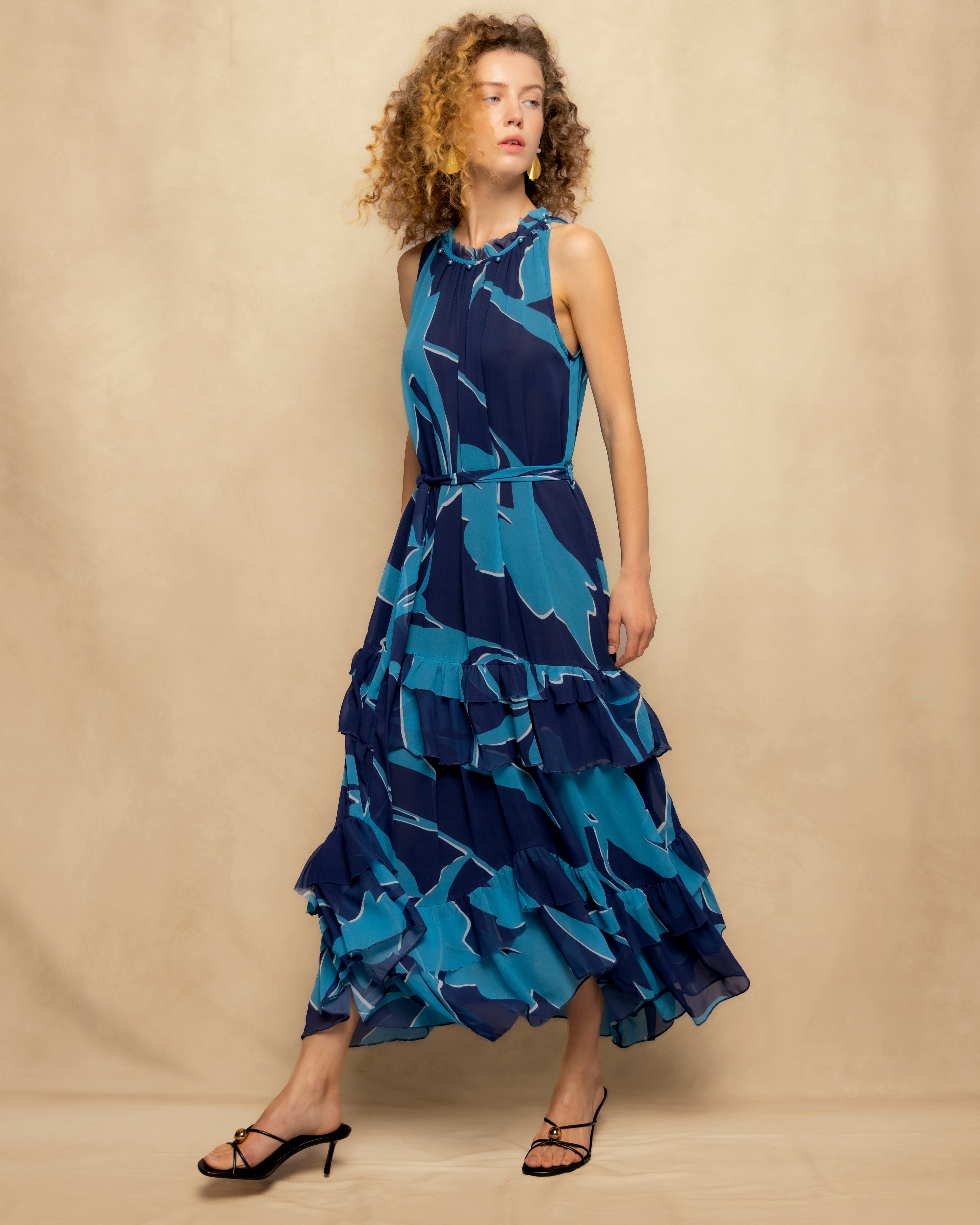 Vestido Comprido Fluido sem Mangas com Folho Escalonado Azul-claro-4