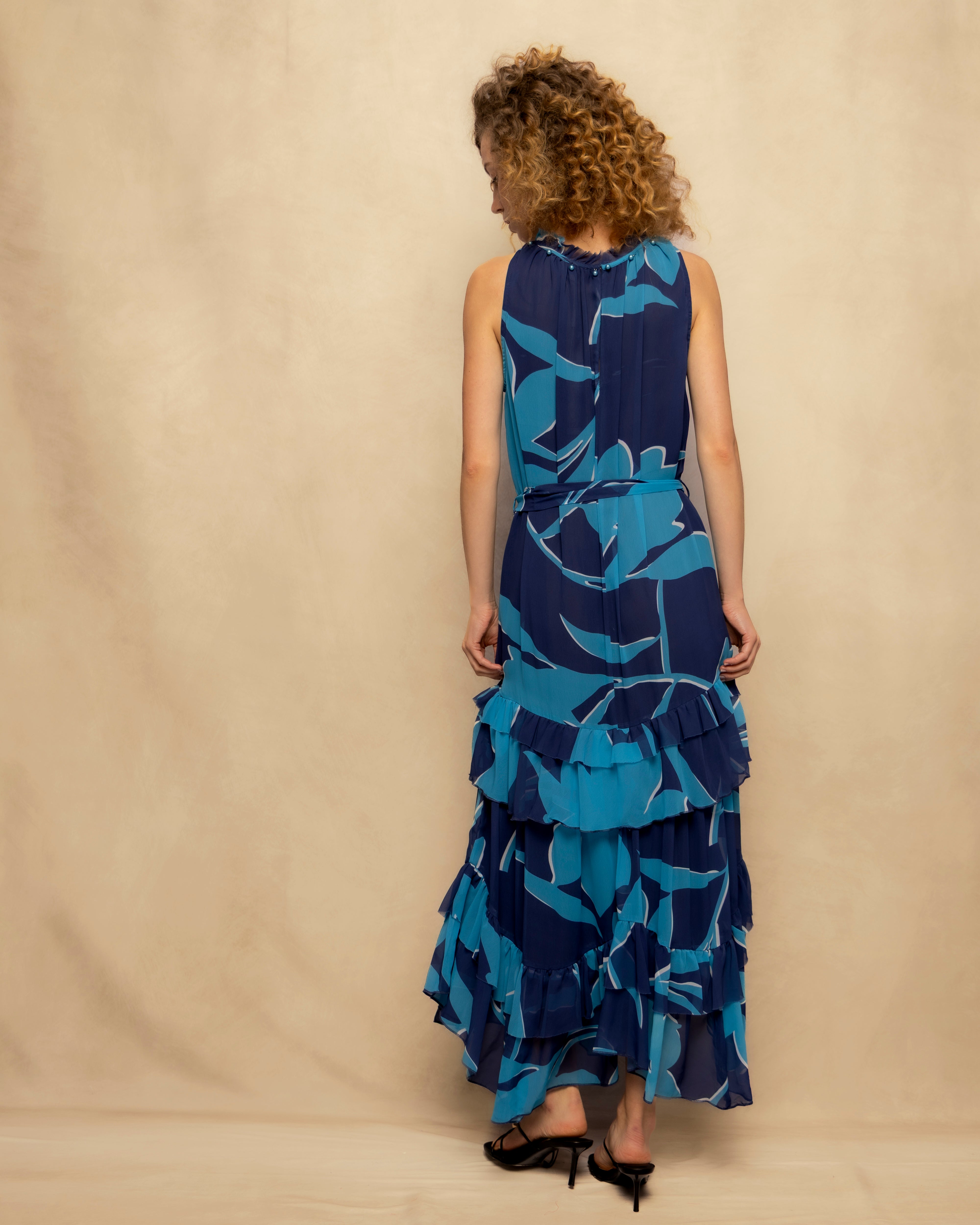 Vestido Comprido Fluido sem Mangas com Folho Escalonado Azul-claro-6