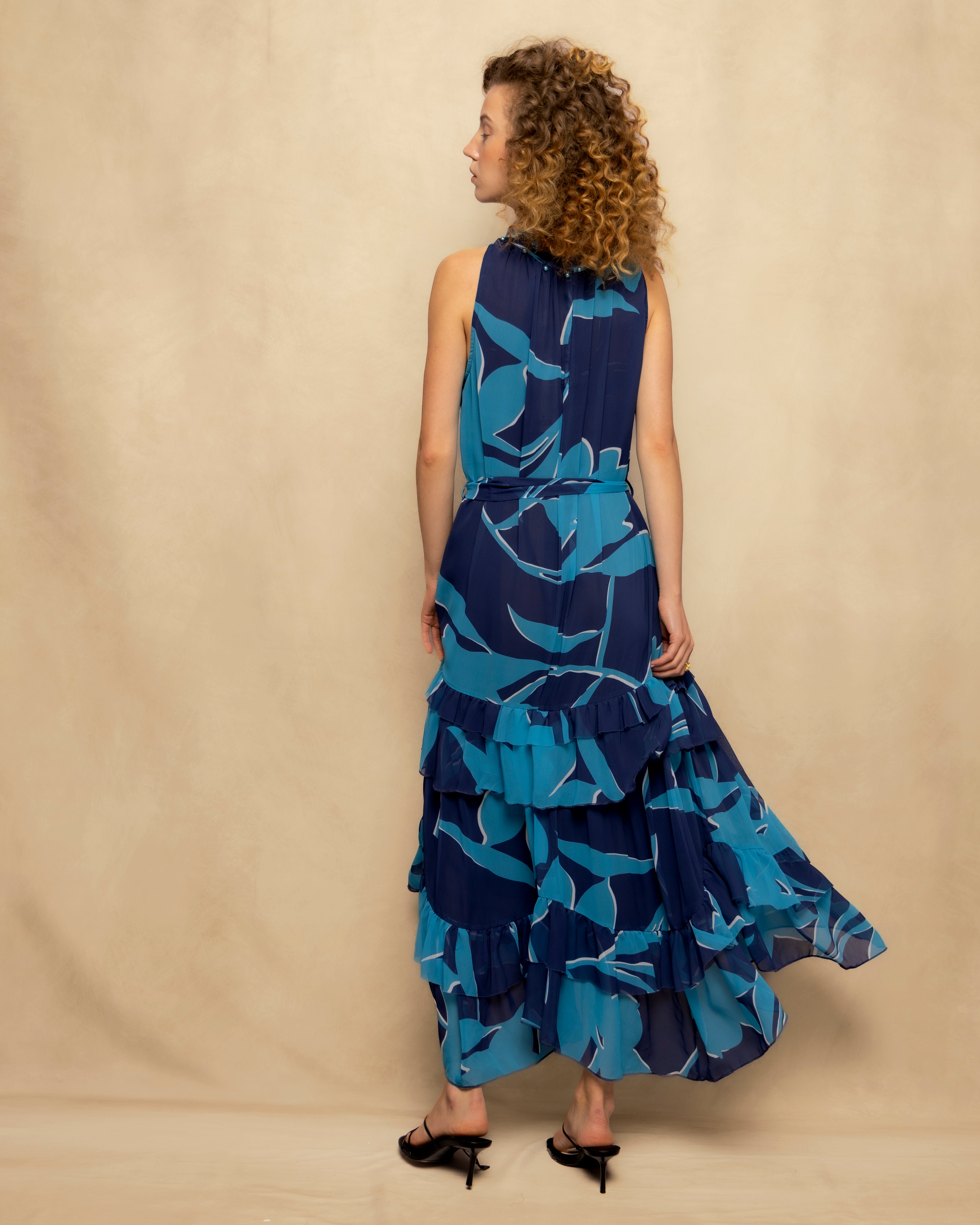 Vestido Comprido Fluido sem Mangas com Folho Escalonado Azul-claro-8