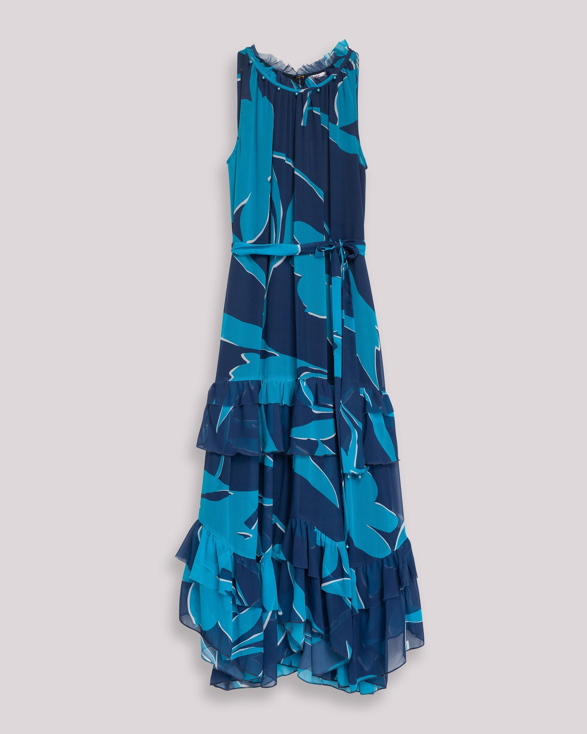 Vestido Comprido Fluido sem Mangas com Folho Escalonado Azul-claro-9
