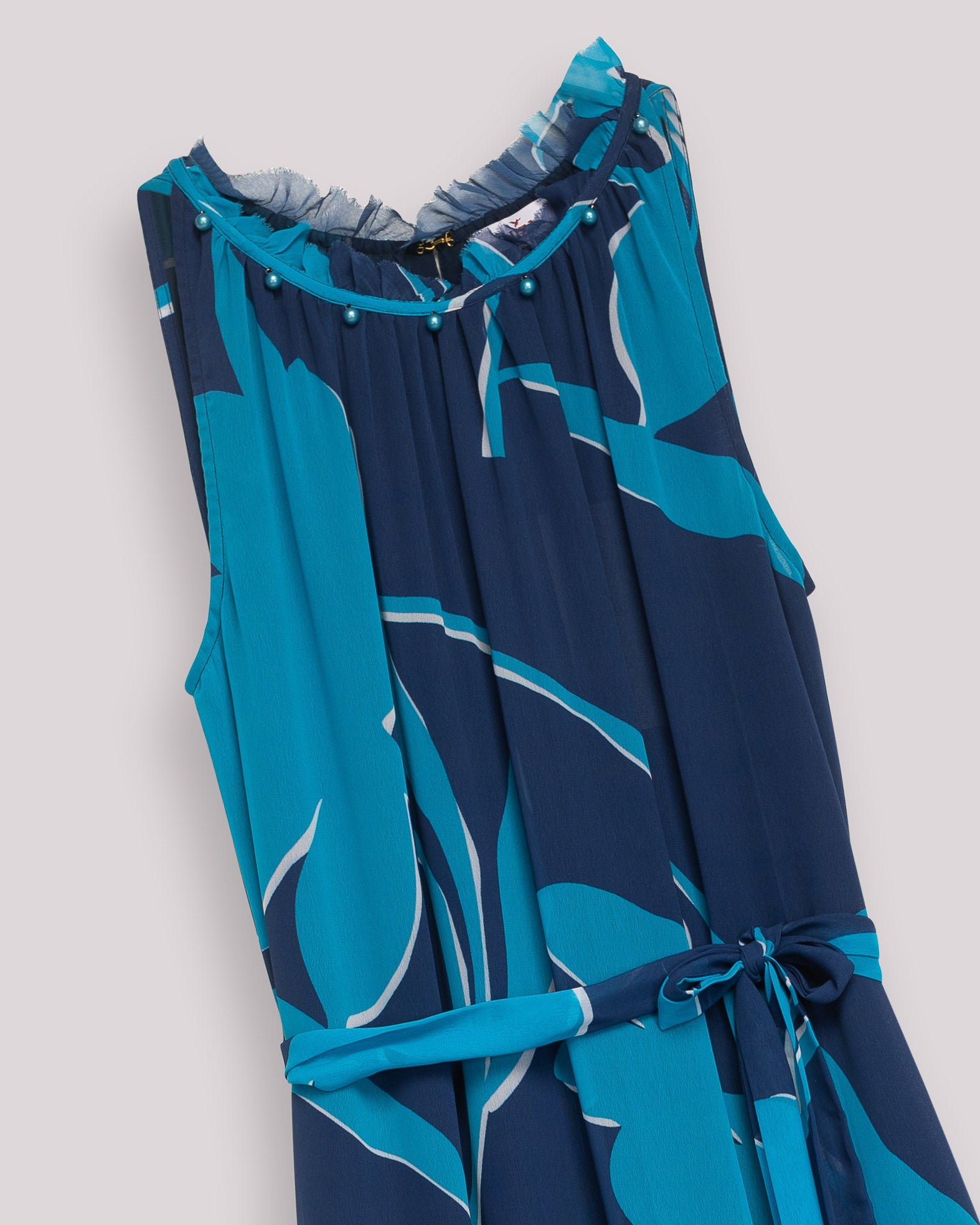 Vestido Comprido Fluido sem Mangas com Folho Escalonado Azul-claro-10