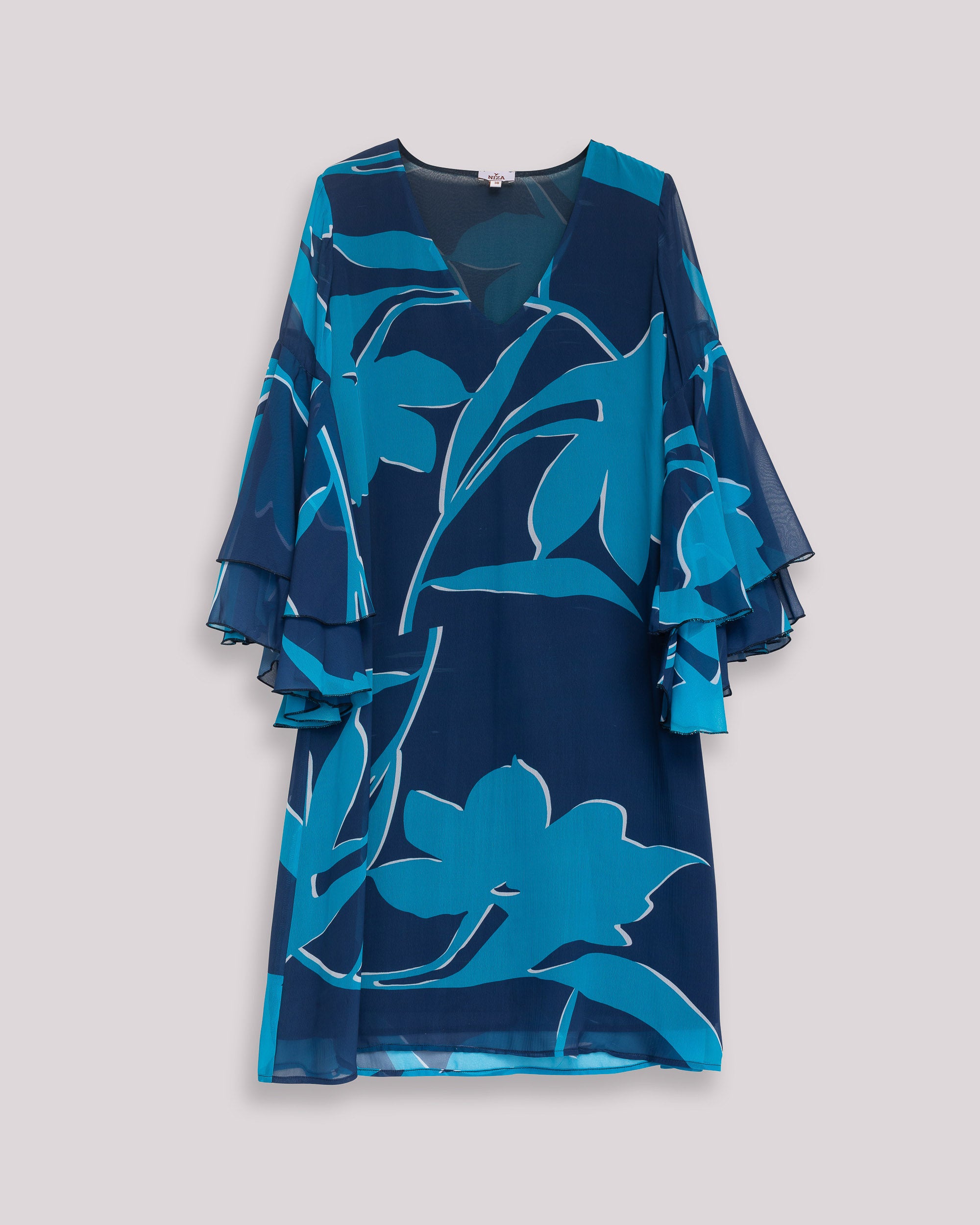 Vestido Curto Amplo com Manga Folho e Decote em V Azul-claro-7
