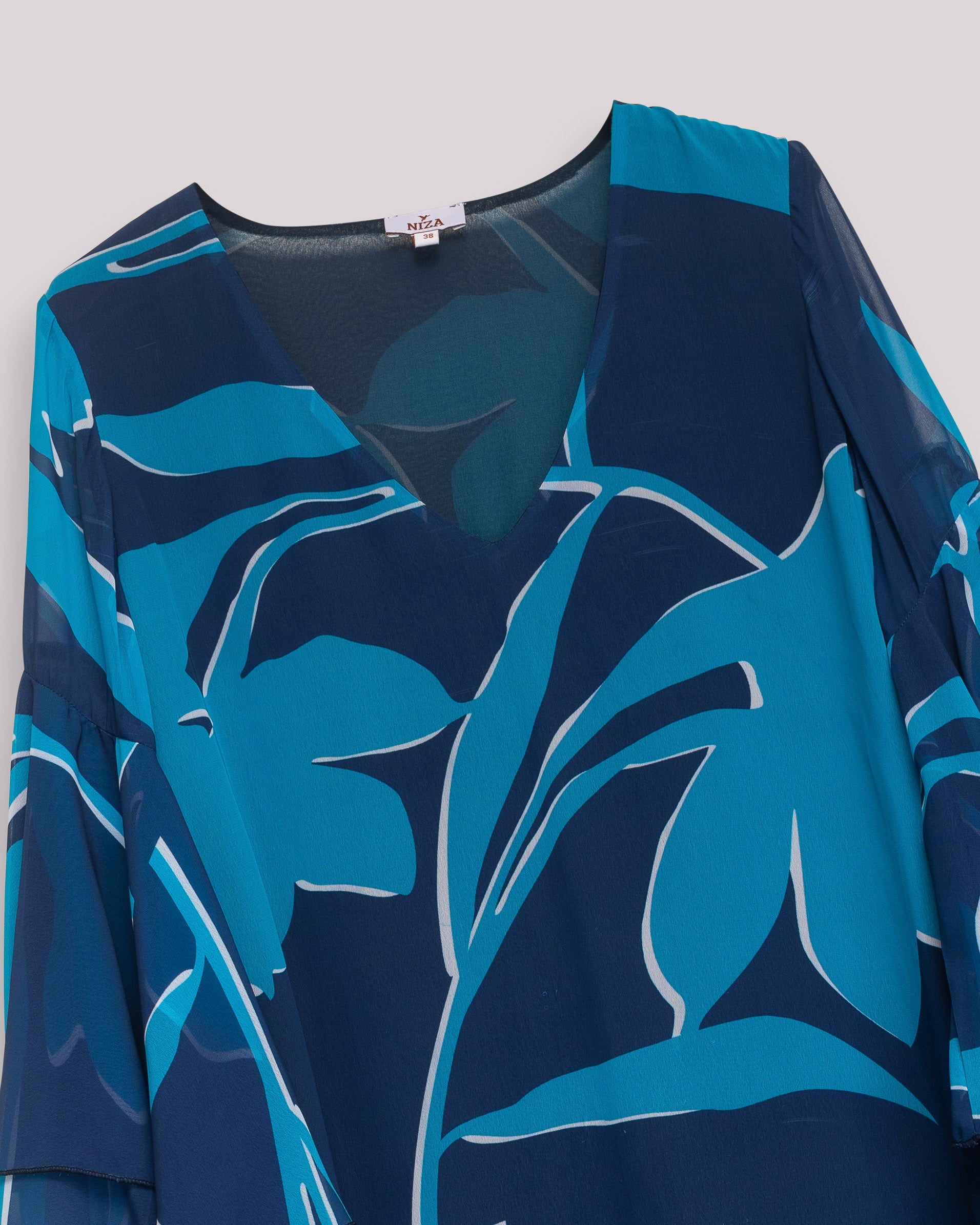Vestido Curto Amplo com Manga Folho e Decote em V Azul-claro-8