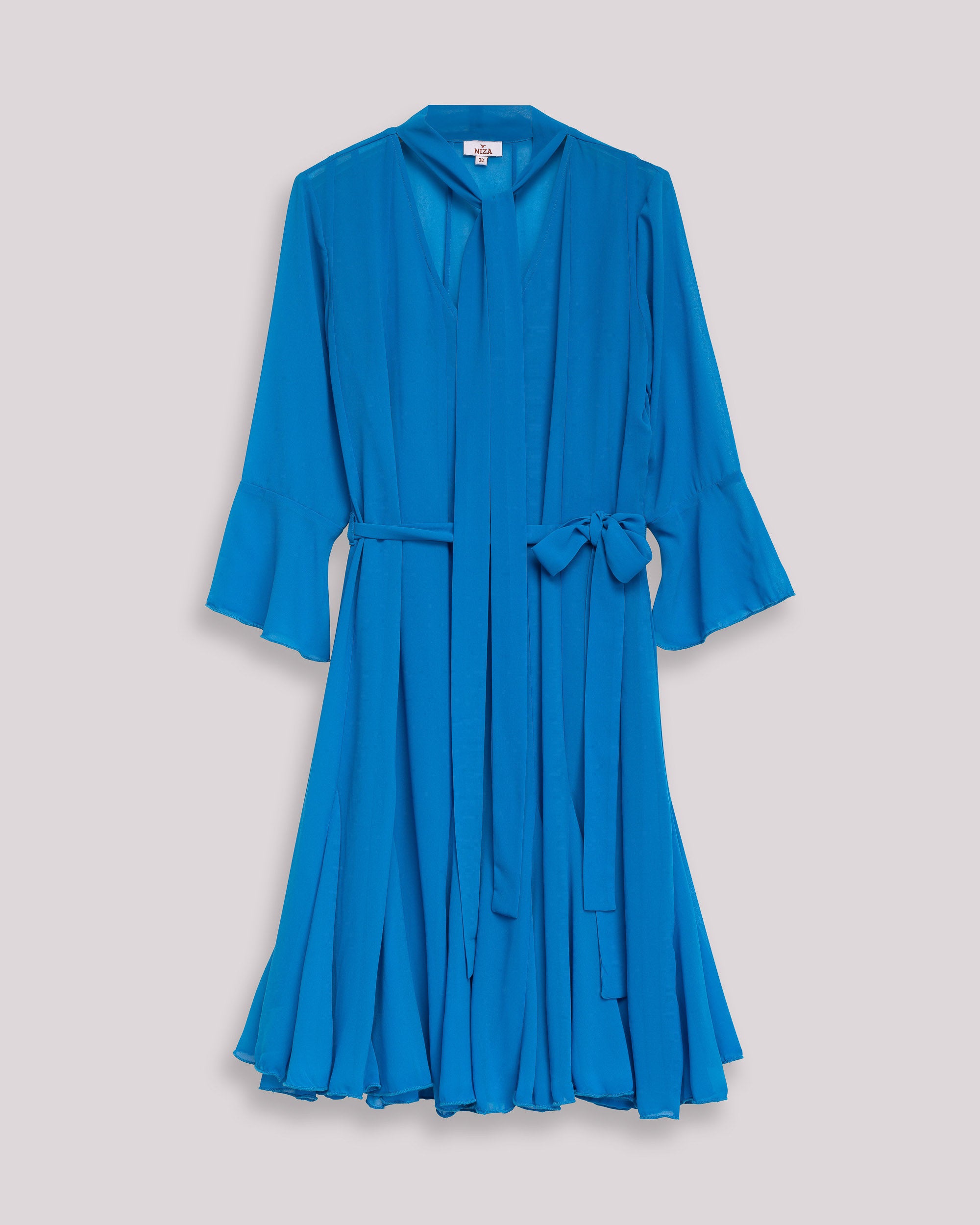Vestido Curto Fluído com Cinto e Manga À Boca de Sino Azul-8