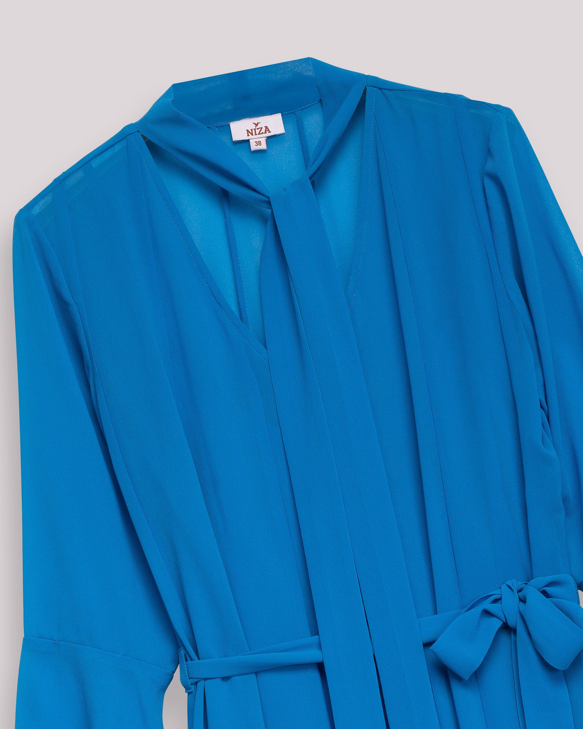 Vestido Curto Fluído com Cinto e Manga À Boca de Sino Azul-9