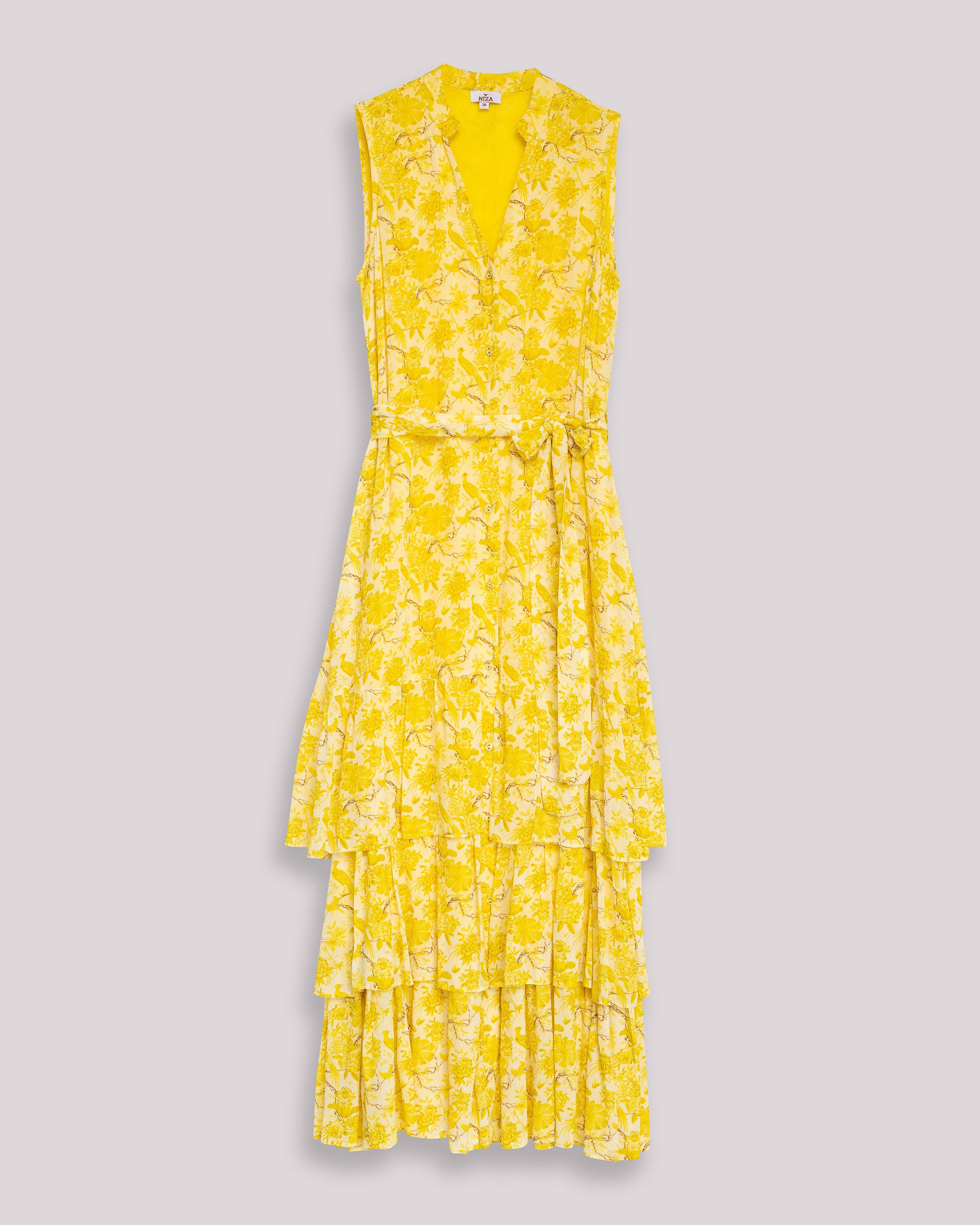 Vestido Comprido Escalonado sem Mangas com Cinto Amarelo-8