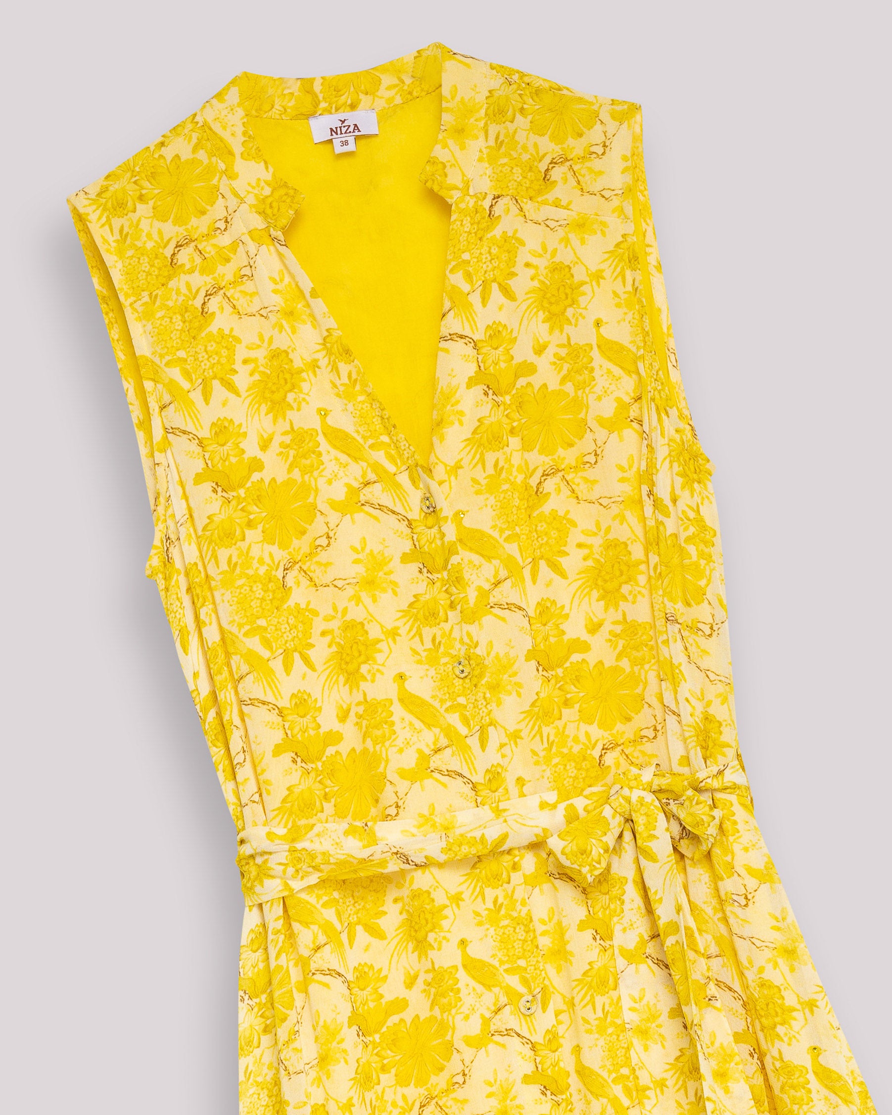 Vestido Comprido Escalonado sem Mangas com Cinto Amarelo-9