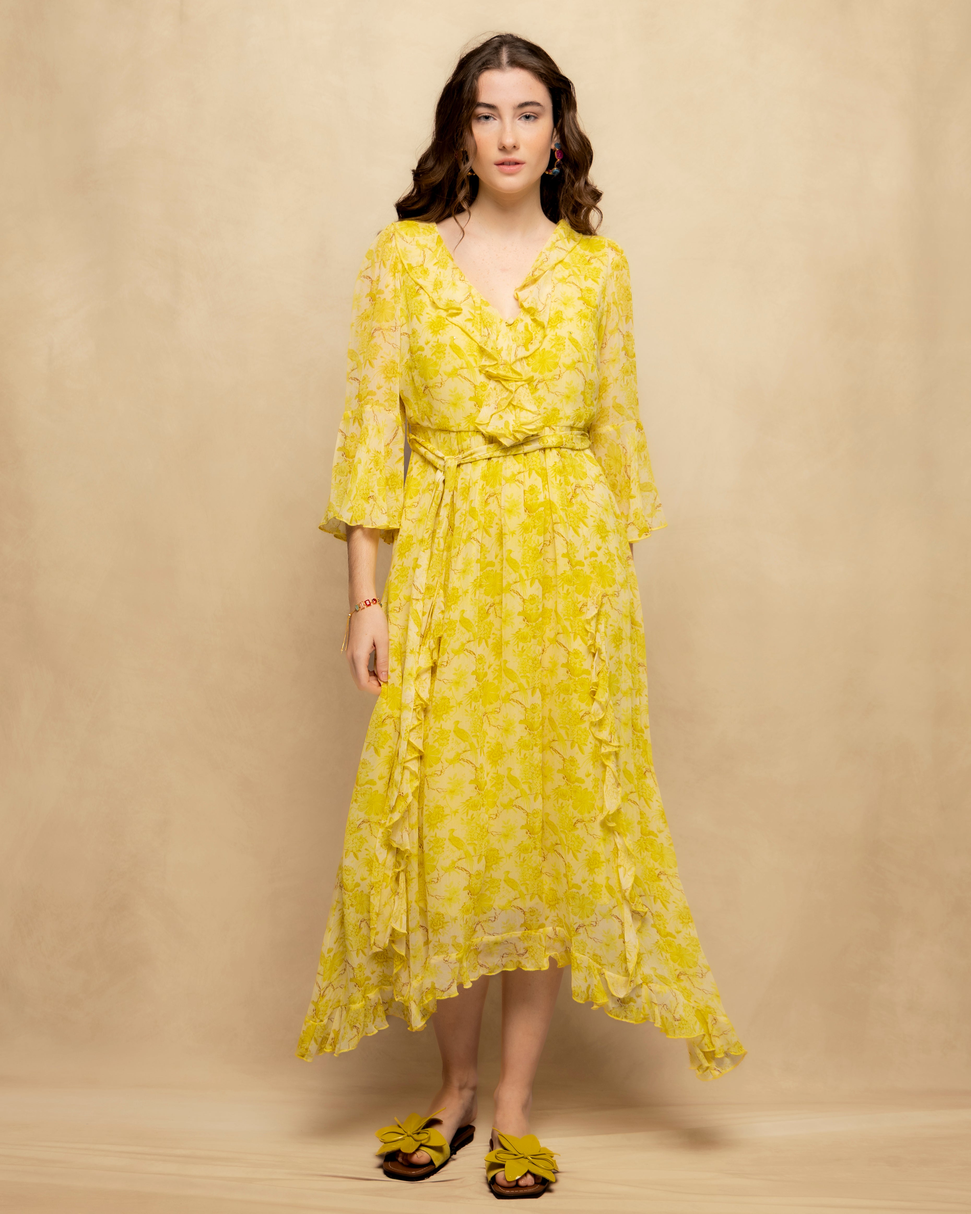 Vestido Comprido com Decote em V de Manga Comprida e Saia Assimétrica Amarelo-3