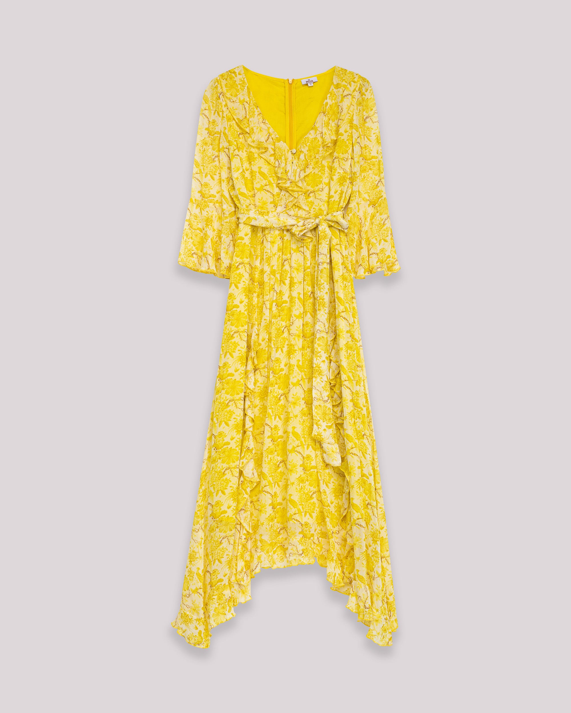 Vestido Comprido com Decote em V de Manga Comprida e Saia Assimétrica Amarelo-8