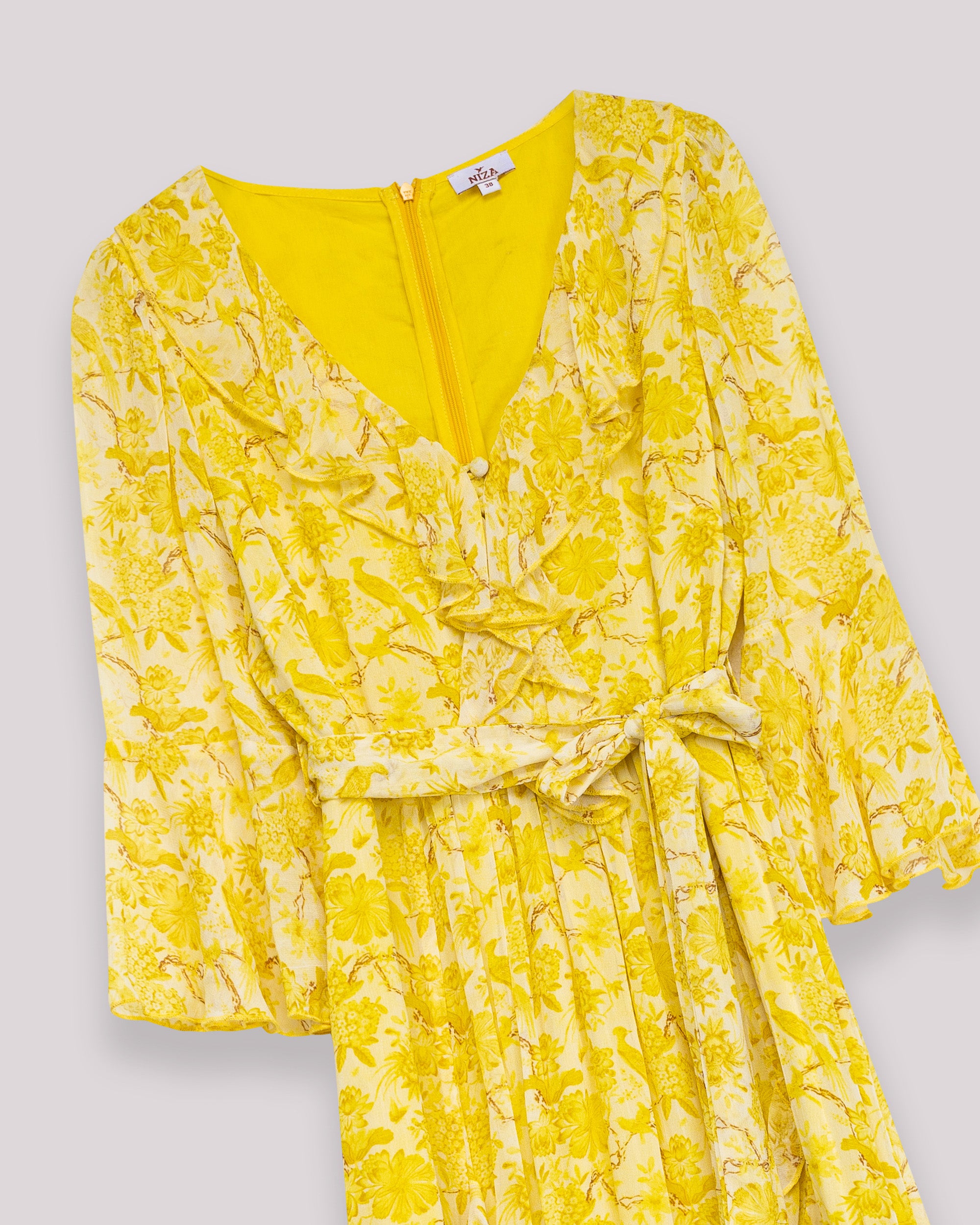 Vestido Comprido com Decote em V de Manga Comprida e Saia Assimétrica Amarelo-9